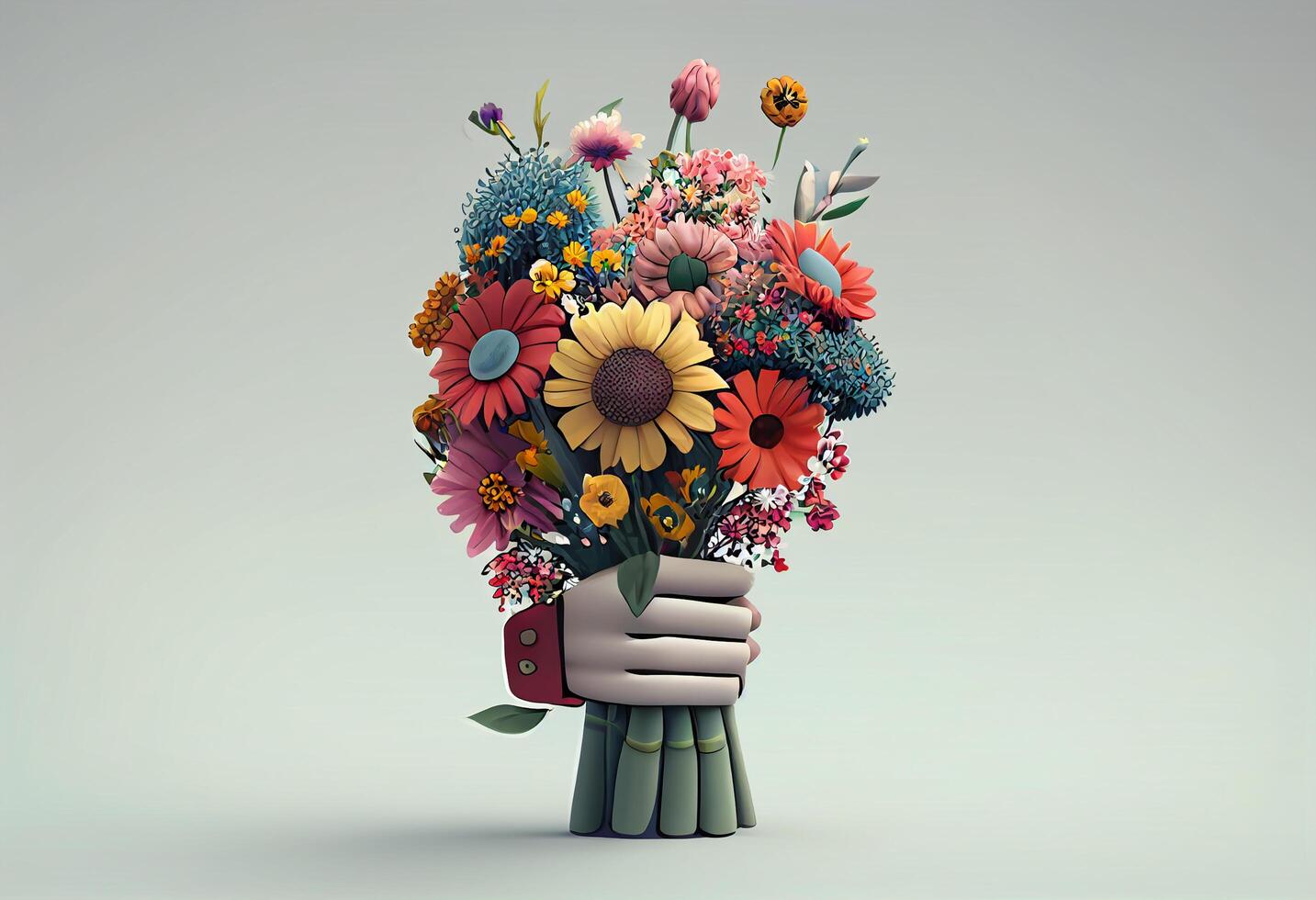 Strauß von Blumen im ein Hand wie ein Geschenk. 3d Rendern generativ ai foto