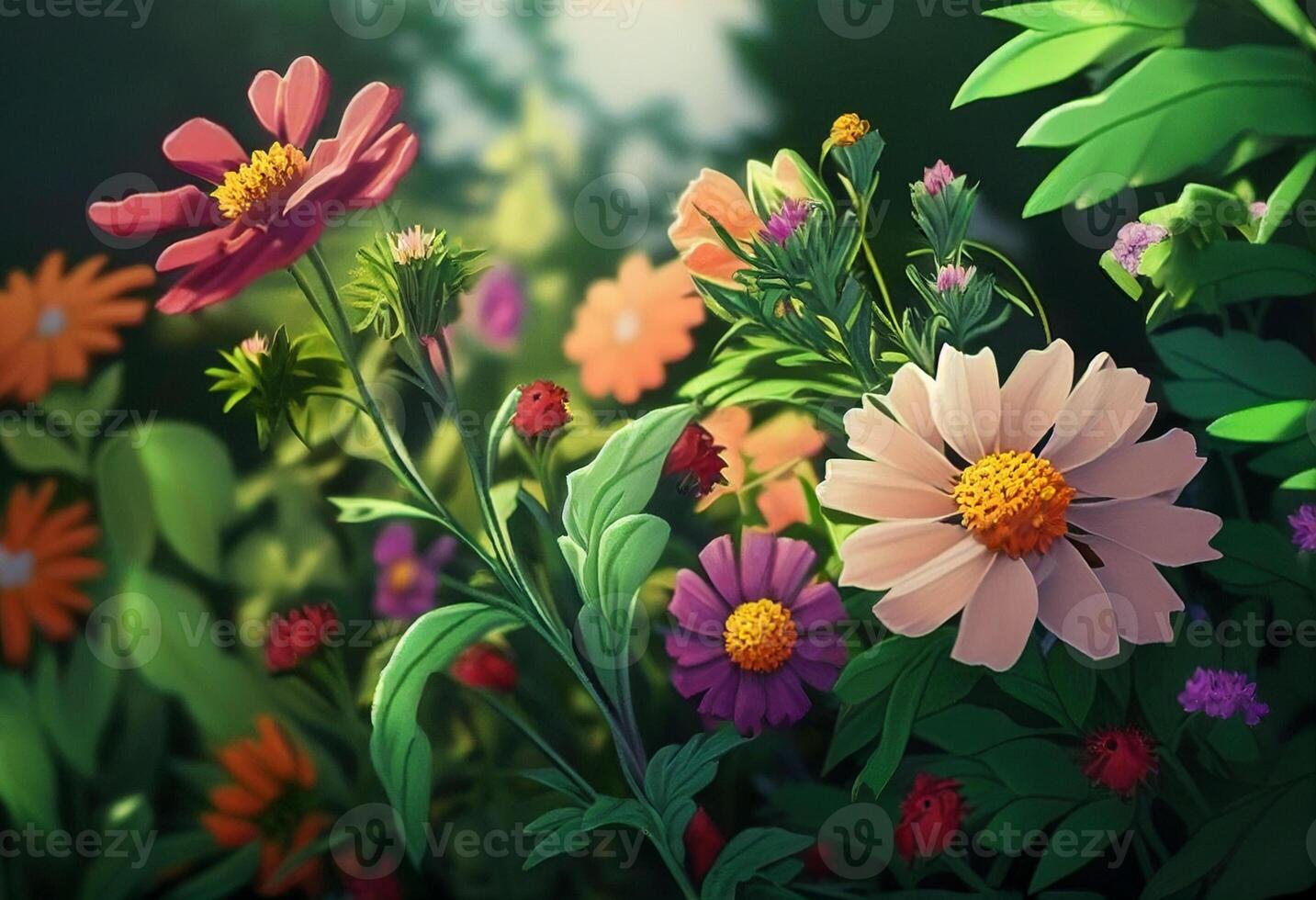 Sommer- Wiese mit Gänseblümchen und Kamille Blumen generativ ai foto