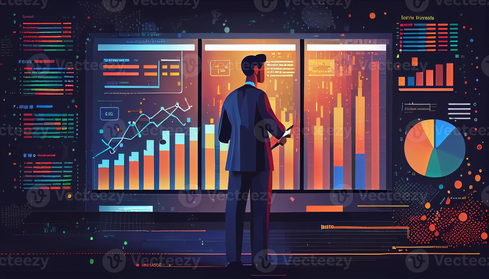 zurück Aussicht von Analytiker Arbeiten im Geschäftsmann Linie Diagramm realistisch ai generiert Bild foto