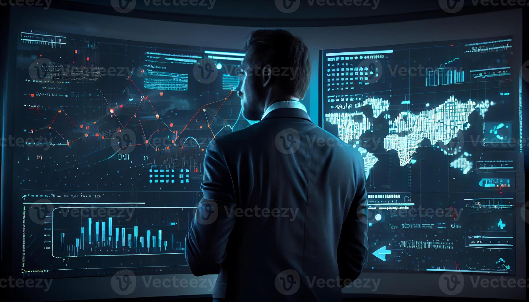 zurück Aussicht von Analytiker Arbeiten im jung Geschäftsmann Linie Diagramm realistisch ai generiert Bild foto