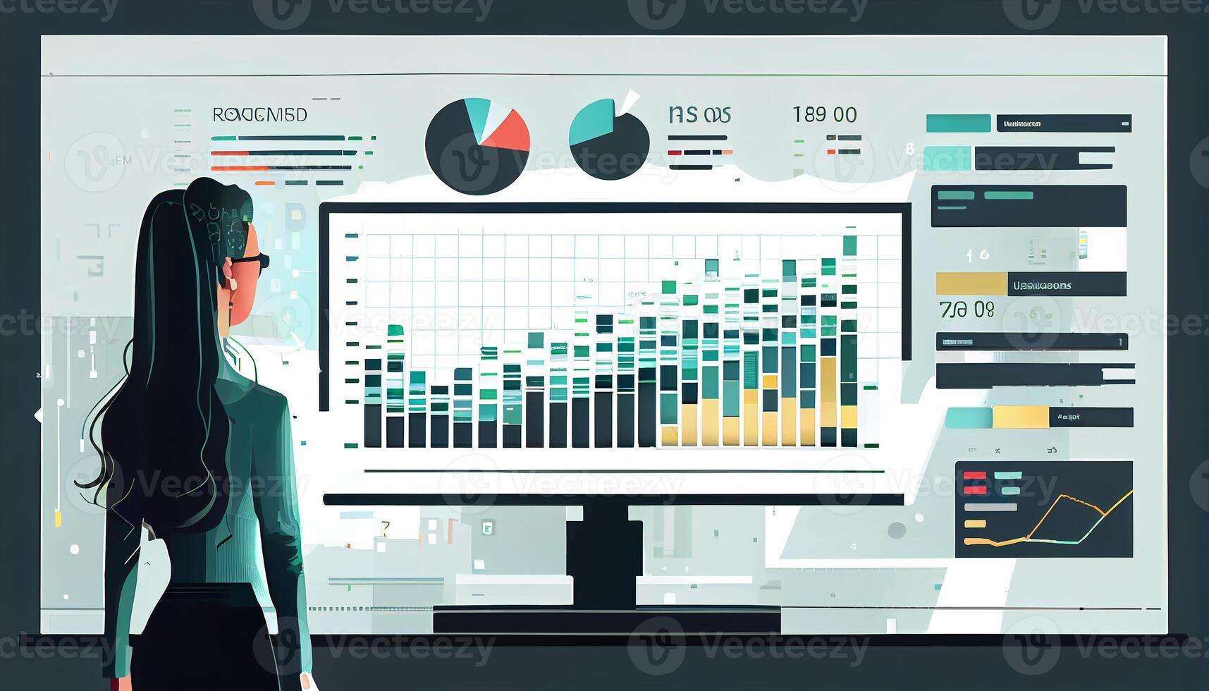 zurück Aussicht von Analytiker Arbeiten im jung Geschäftsmann Linie Diagramm realistisch ai generiert Bild foto