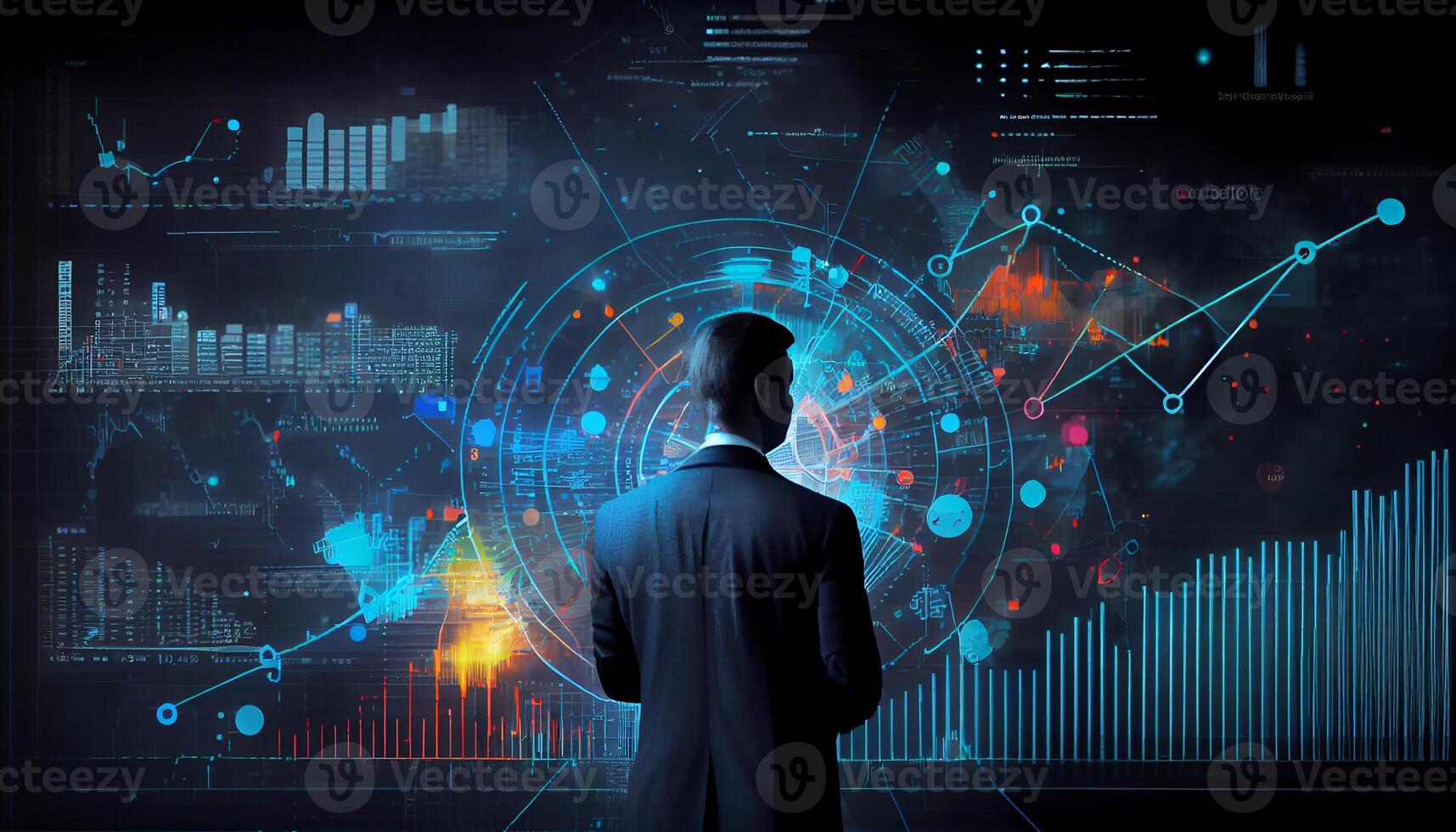 zurück Aussicht von Analytiker Arbeiten im jung Geschäftsmann Linie Diagramm realistisch ai generiert Bild foto