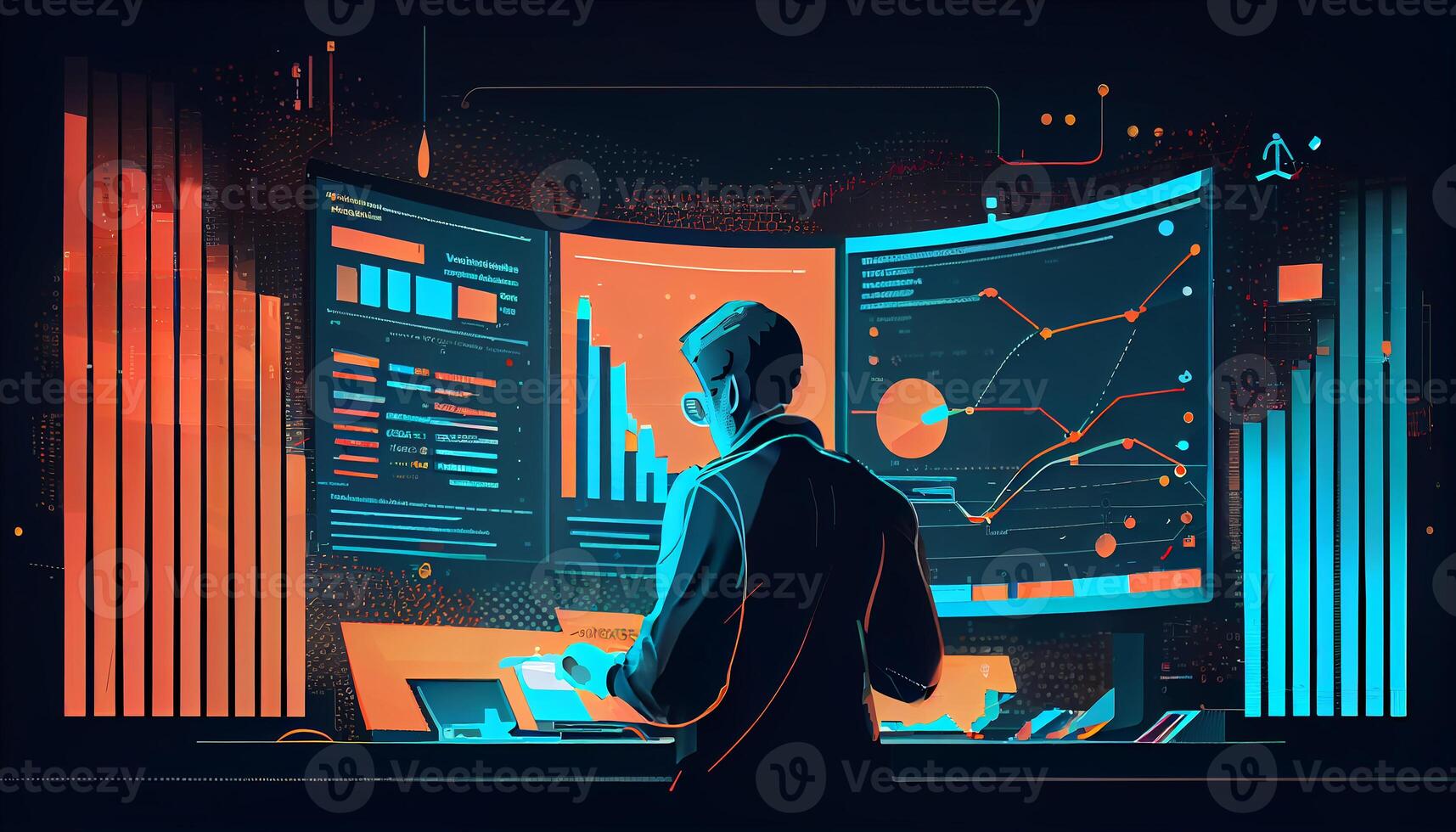 zurück Aussicht von Analytiker Arbeiten im jung Geschäftsmann Linie Diagramm realistisch ai generiert Bild foto