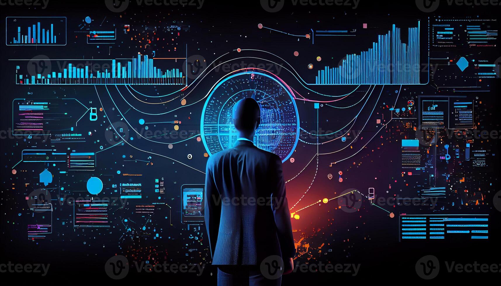 zurück Aussicht von Analytiker Arbeiten im jung Geschäftsmann Linie Diagramm realistisch ai generiert Bild foto