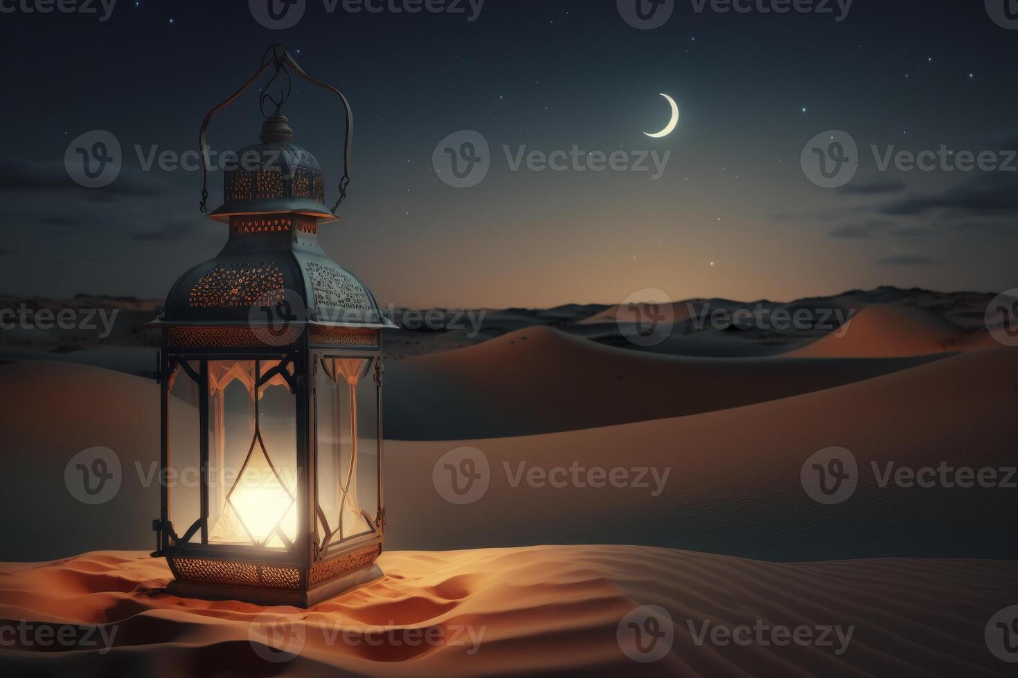 Arabisch Laterne Wüste Nacht Hintergrund zum Muslim heilig Monat Ramadan karem. ai generiert foto