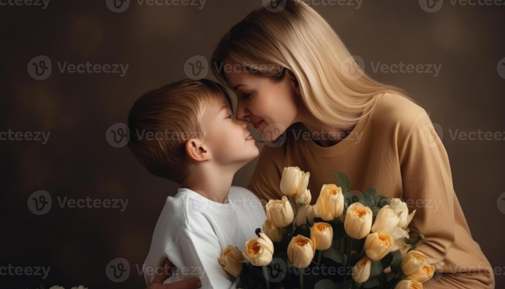 wenig Junge halten Blumen, umarmen seine Mutter und feiern Mutter Tag. generativ ai foto