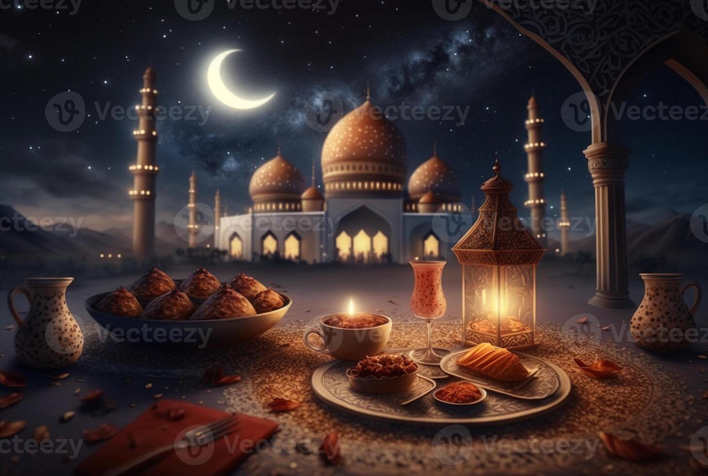 festlich Ramadan kareem Foto Hintergrund mit Tasse von Tee und Termine zum iftar Speisekarte. generativ ai Illustration