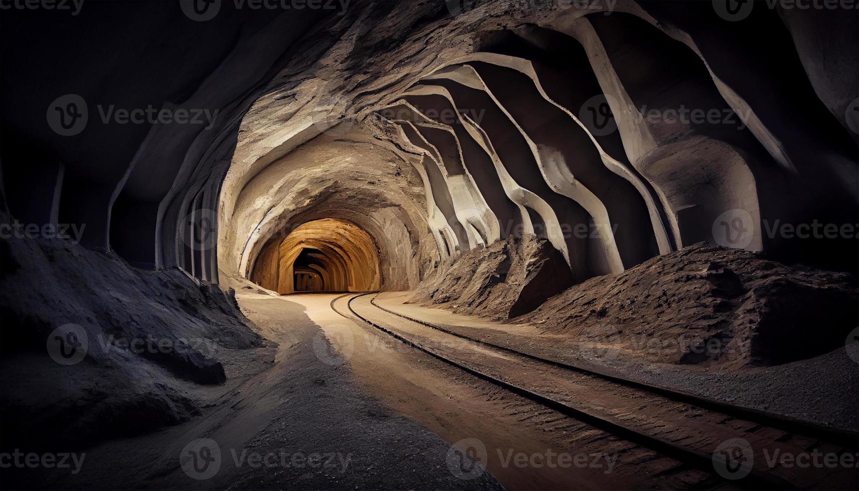 ein Kohle Bergwerk unter Tage Erz Tunnel mit Schienen, Bergbau Industrie. generativ ai. foto