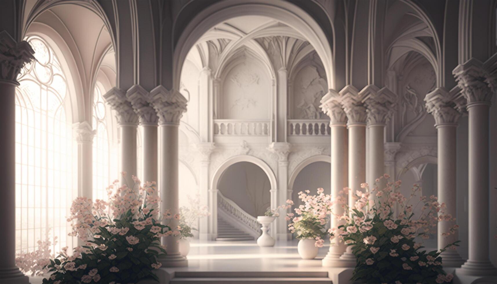 Luxus Innere Weiß Palast mit Jahrgang Zier Säule und Tageslicht. Blume und Blätter Dekoration im Zimmer, Fenster. generativ ai. foto