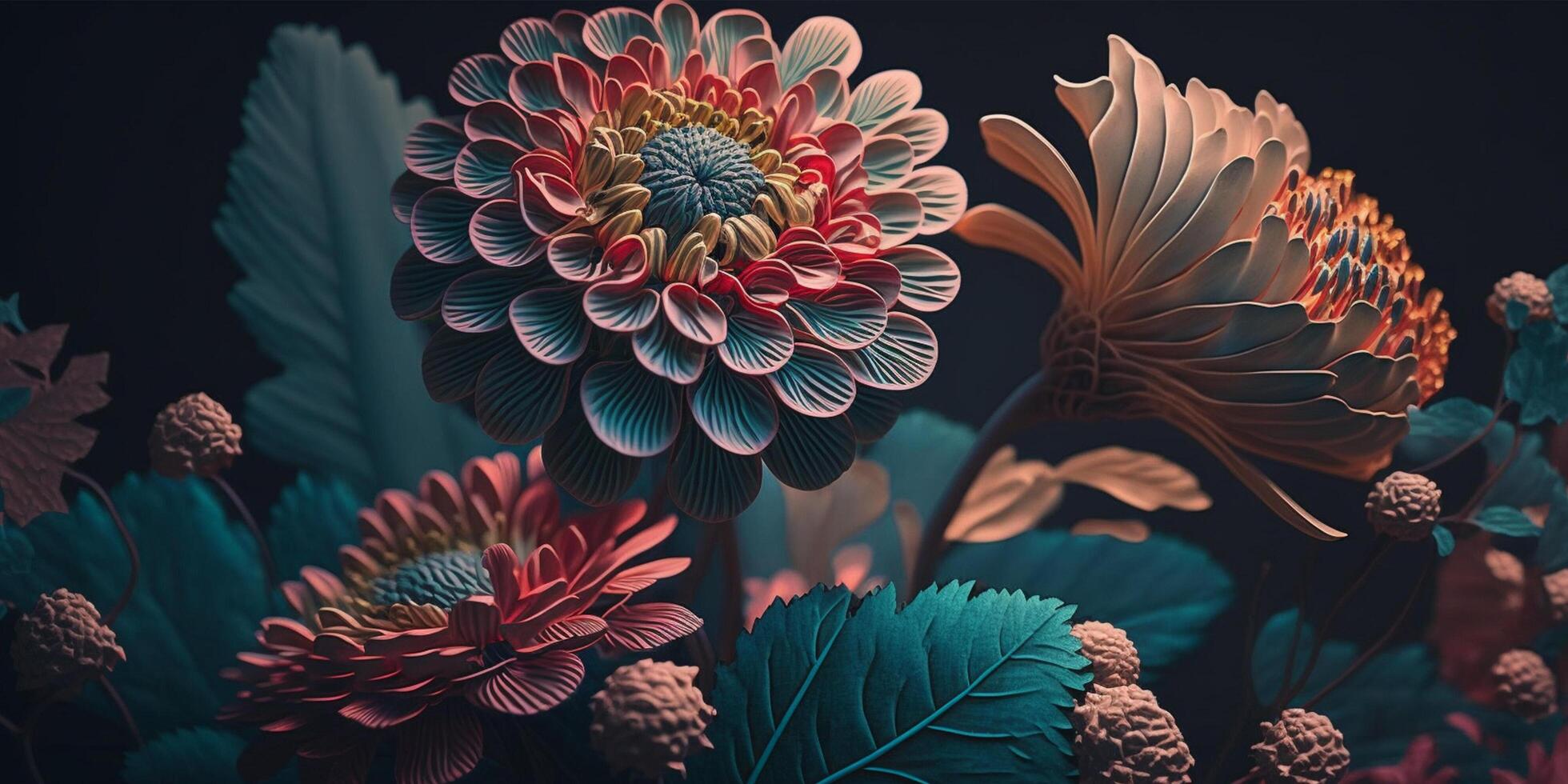 realistisch kreativ Layout gemacht von Blumen und Blätter. eben legen. Natur Konzept. Blumen- Gruß Karte. bunt Frühling Blume Hintergrund, Raum zum Text. Natur modisch dekorativ Design generativ ai. foto