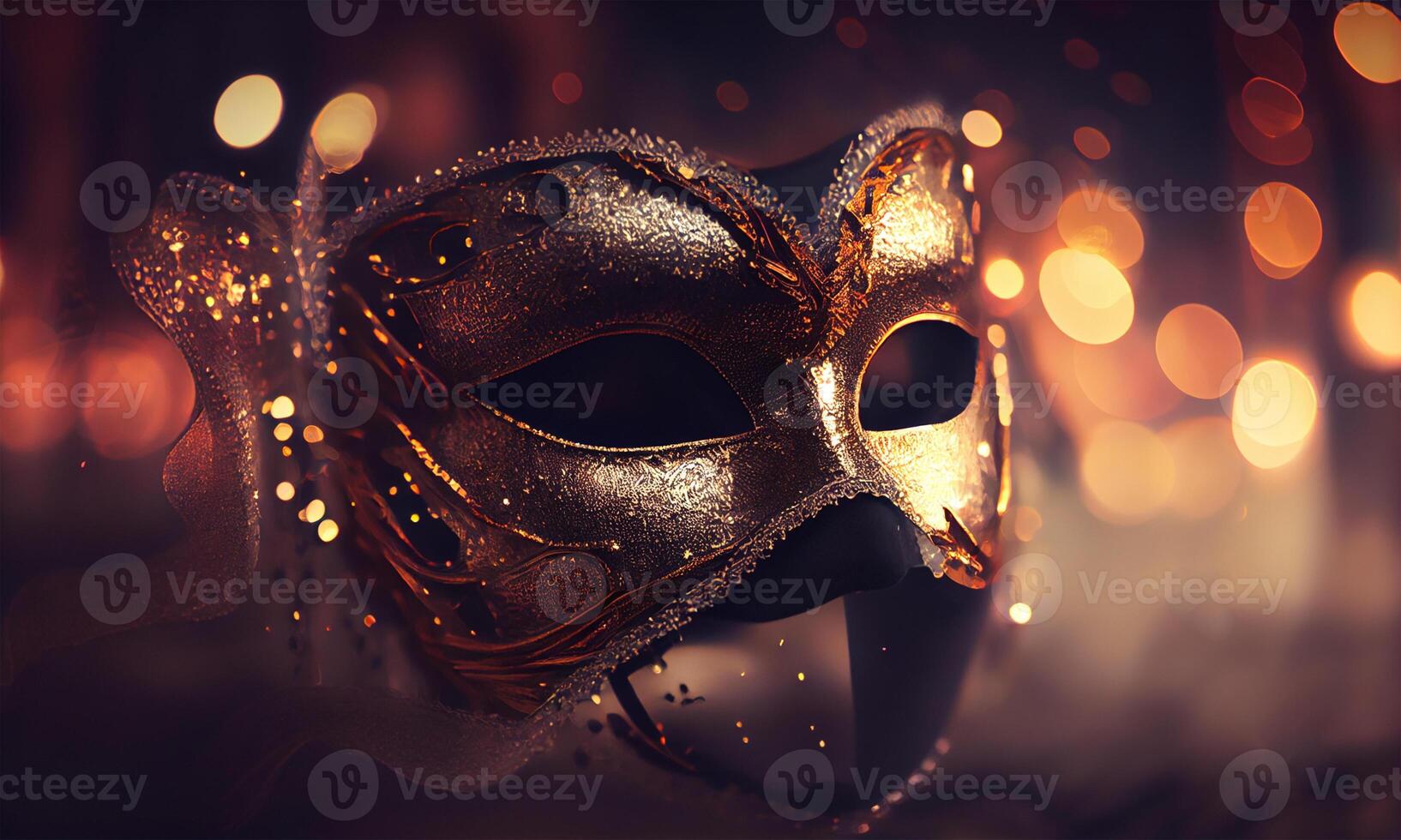 venezianisch Maske mit abstrakt defokussiert Bokeh Beleuchtung und glänzend Luftschlangen zum Karneval Party. Maskerade Verkleidung Konzept. verschwommen Bokeh Hintergrund. generativ ai. foto