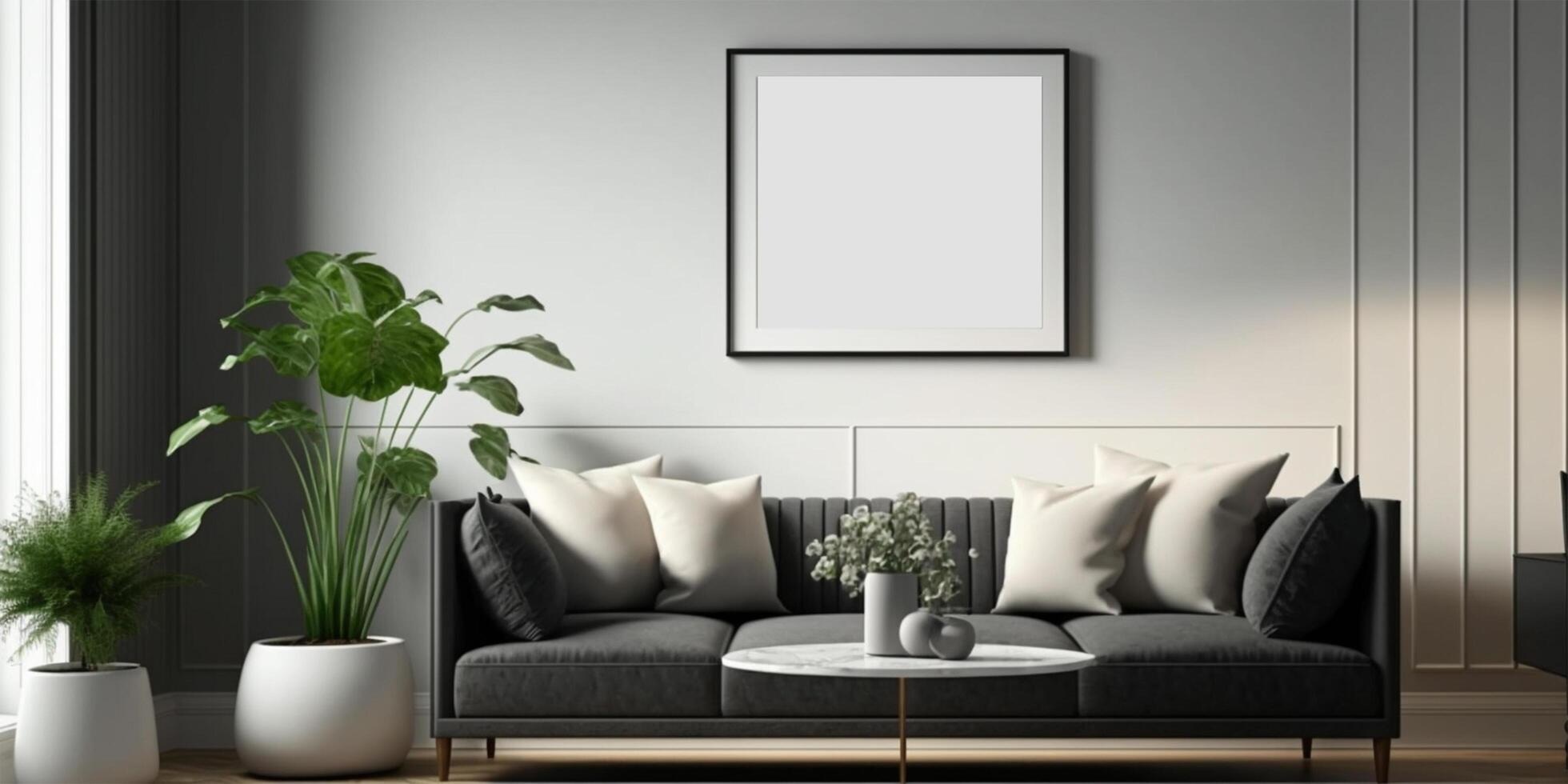 leer Poster Mauer Rahmen spotten oben im modern skandinavisch Stil Leben Zimmer Innere. modern Leben Zimmer Innere Hintergrund, Sofa und Pflanze auf Tisch, 3d Rendern generativ ai. foto