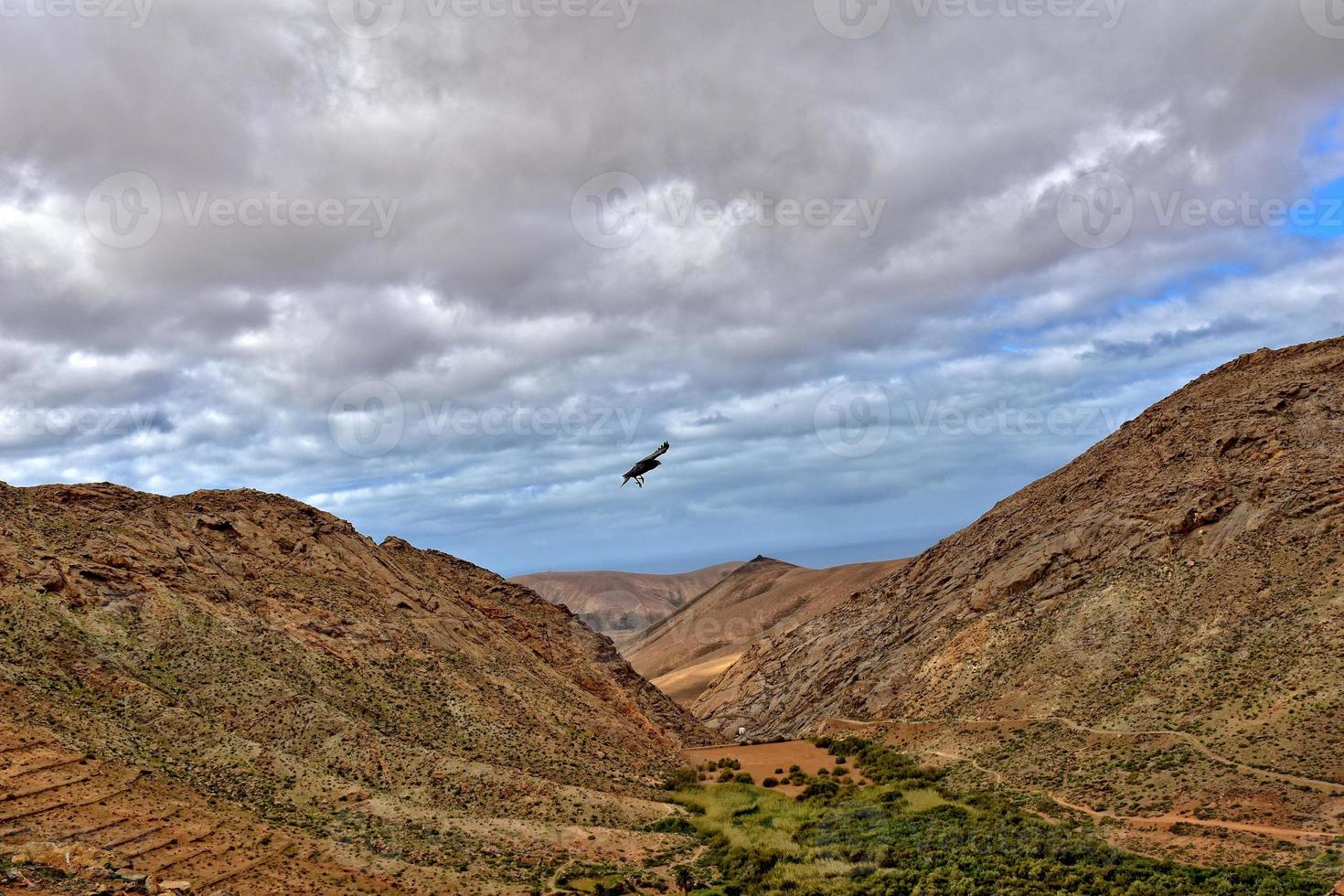 leeren mysteriös bergig Landschaft von das Center von das Kanarienvogel Insel Spanisch fuerteventura mit ein wolkig Himmel foto