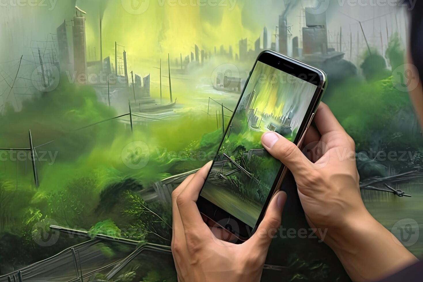 Verschmutzung und Technologie, kontrastieren Umgebungen im Öl Gemälde - - generativ ai foto