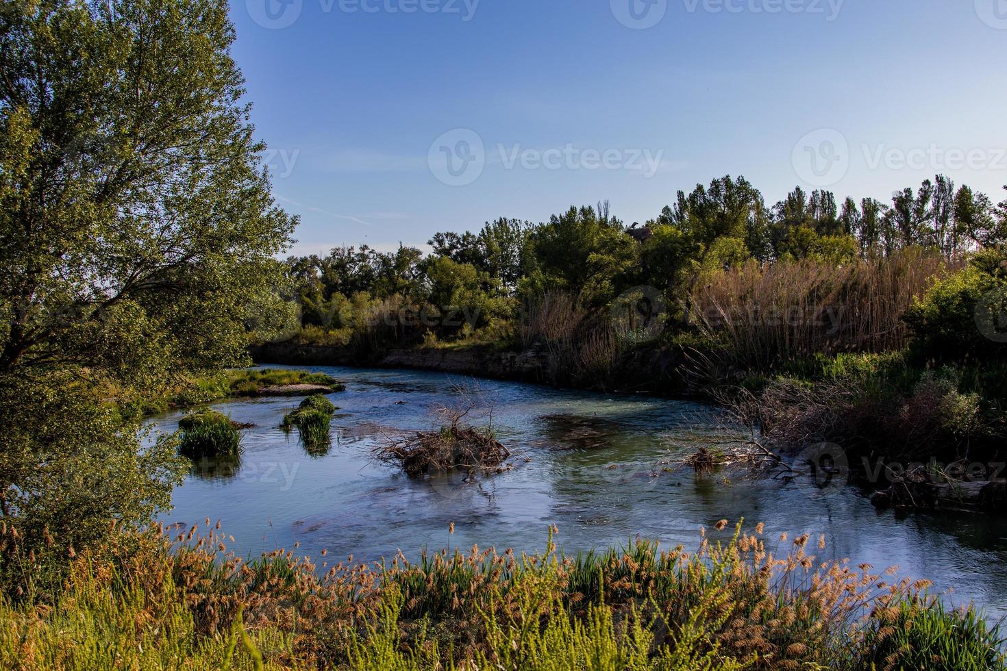 Spanisch Landschaft durch das Gallego Fluss im Aragon auf ein warm Sommer- Sonne Tag mit Grün Bäume und Blau Himmel foto