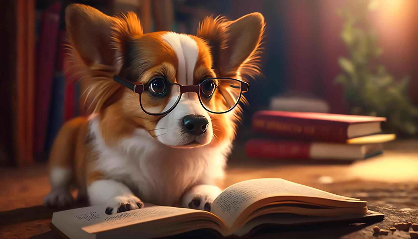 Hund tragen Brille lesen Buch mit ein Licht leuchtenden, generativ ai foto