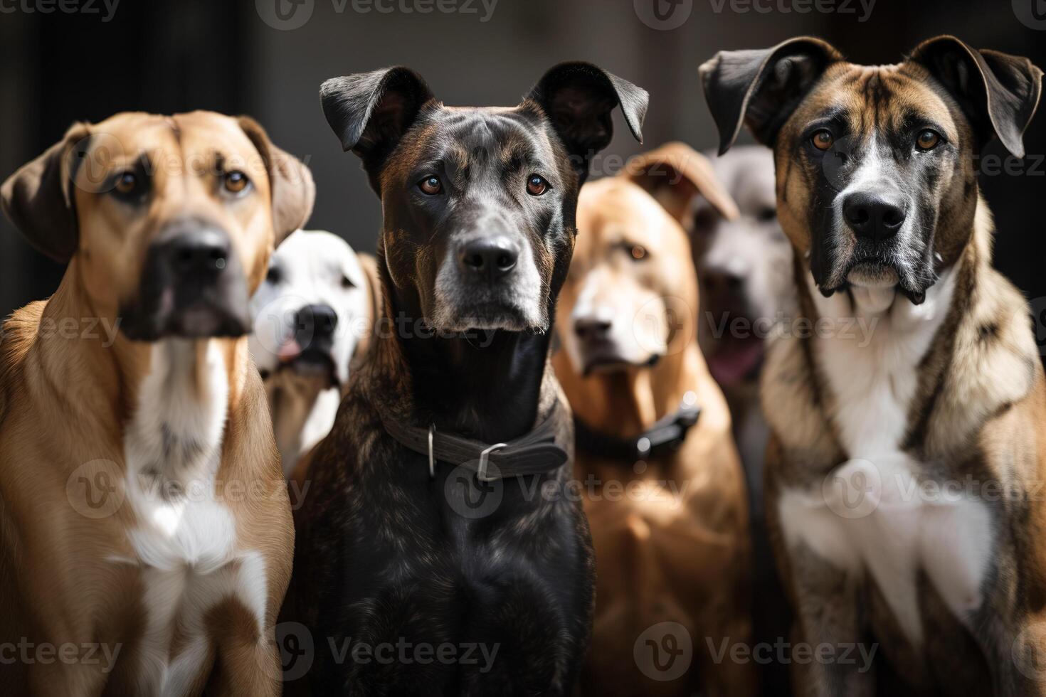 ein Herde, ein Gruppe von verlassen Hunde von anders Rassen Sitzung gehorsam im Vorderseite von das Kamera. ai generiert foto