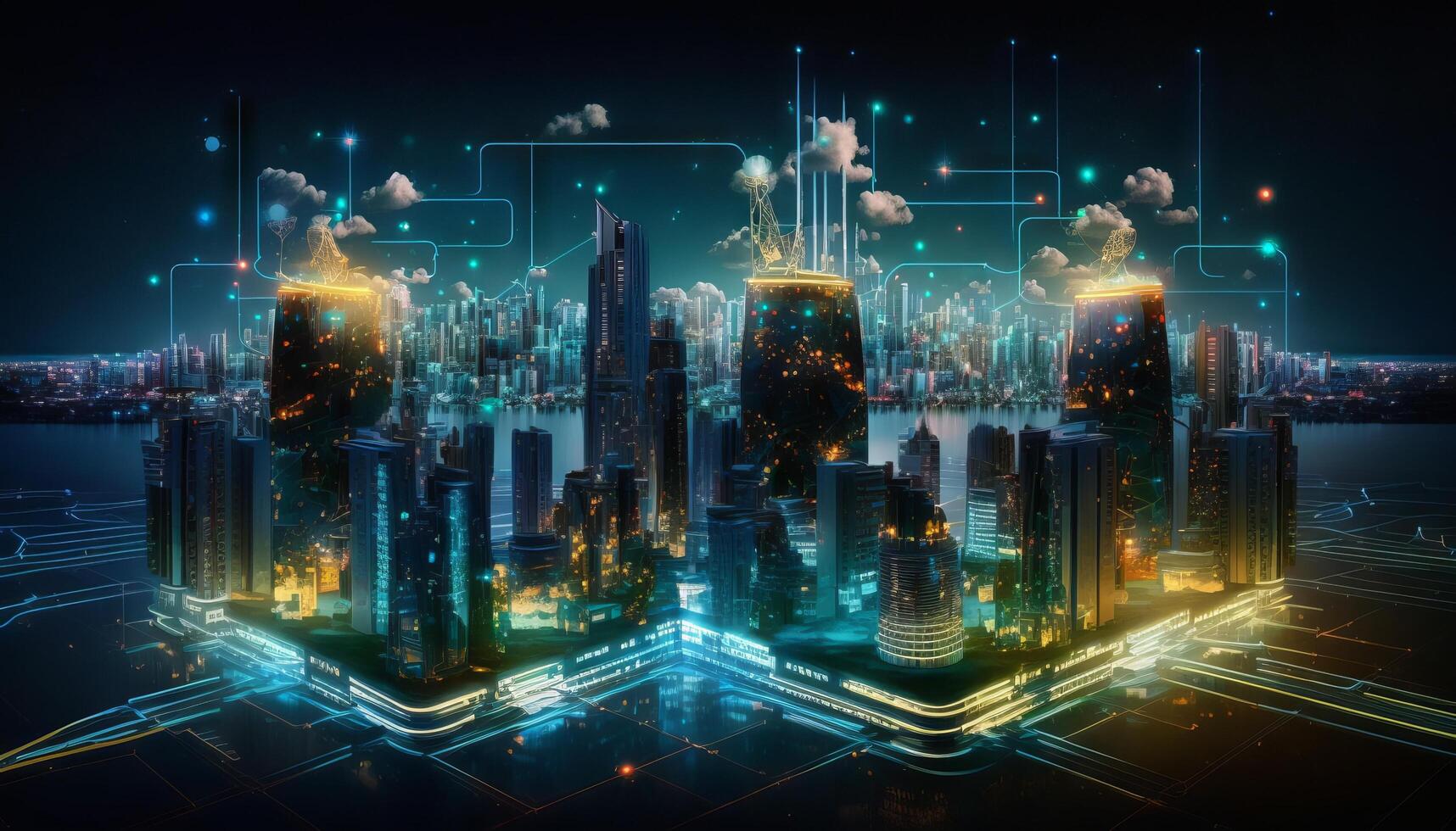 das Clever Stadt von Cyberspace und Metaverse Digital Daten von futuristisch und Technologie. generativ ai foto