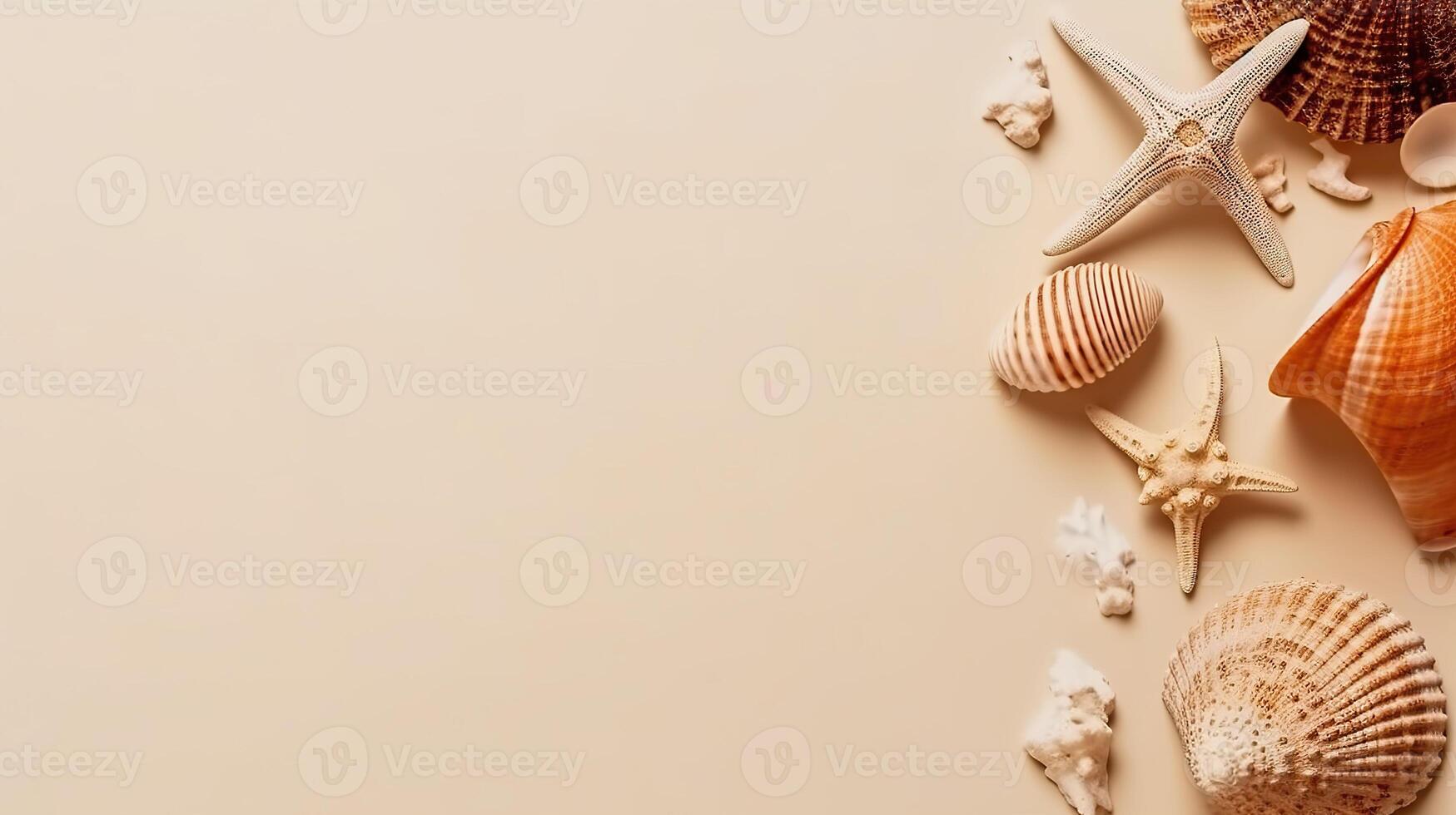 Banner mit Muscheln. Kopieren Raum, oben Sicht, Sommer- Hintergrund. generativ ai. foto