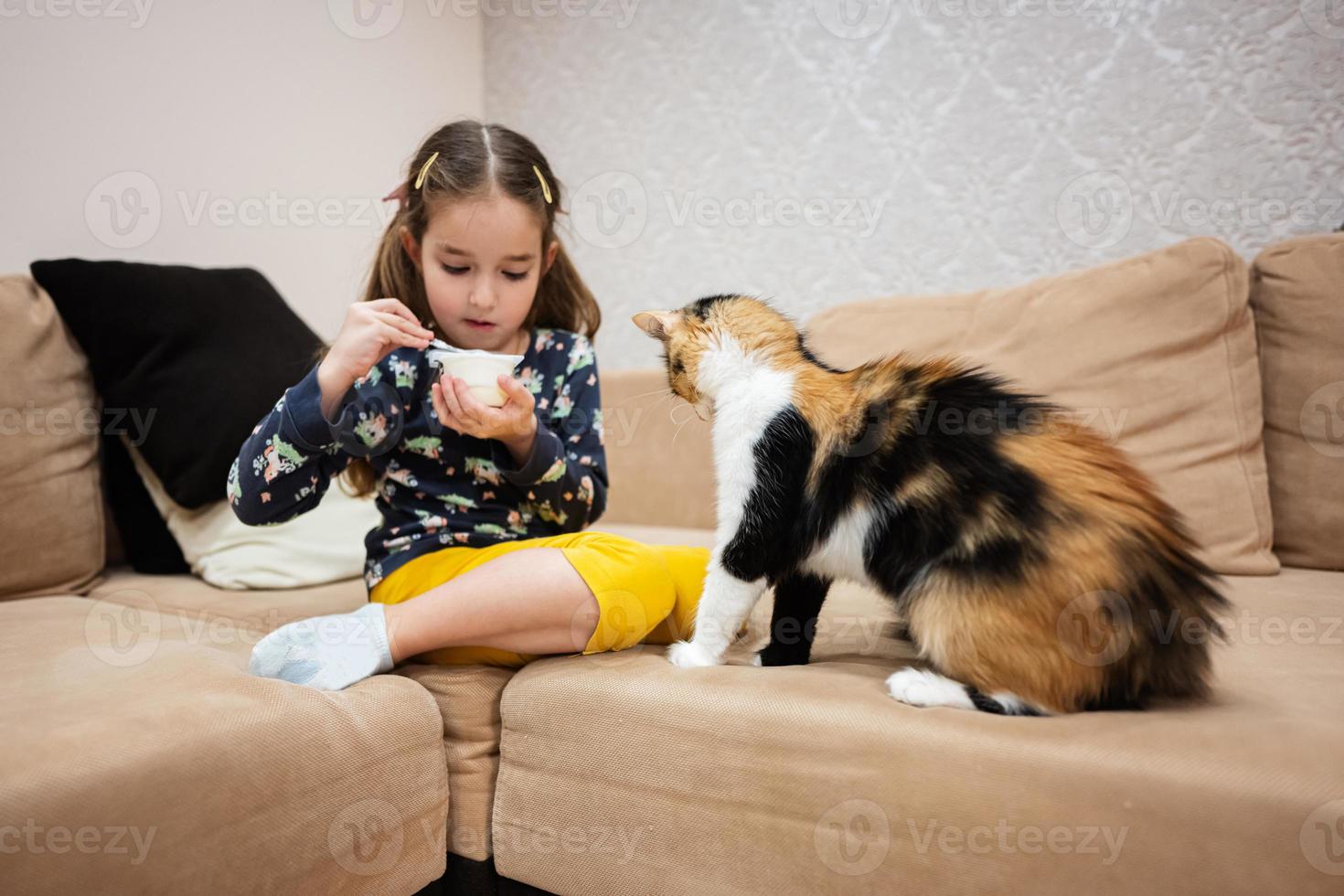 wenig Mädchen Futter das Katze mit Joghurt von ein Löffel beim heim. foto