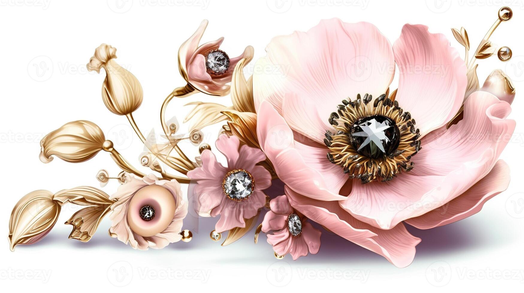 generativ ai, schön Licht Rosa Blumen Brosche, Opal Stein und golden Farbe Palette isoliert auf Weiß Hintergrund. Schmuck, Schmuck schließen oben foto