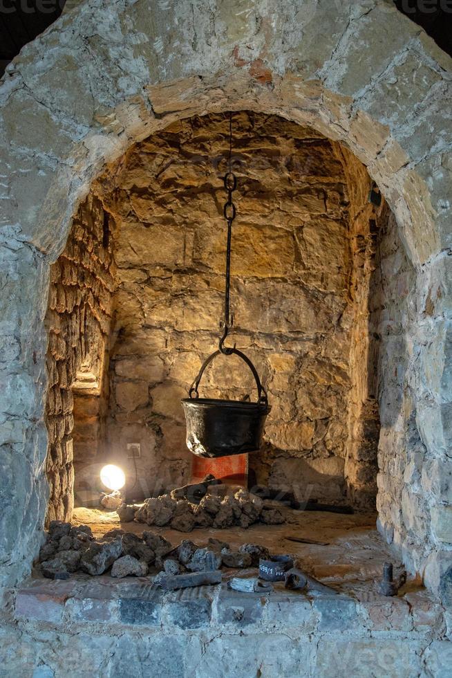 Antiquität Küche Feuerstelle im ein historisch Schloss mit ein Metall Topf foto