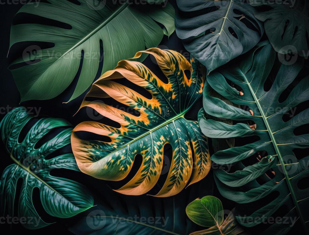 abstrakt Grün tropisch Banane und Monstera Blätter Hintergrund erstellt mit generativ ai Technologie foto