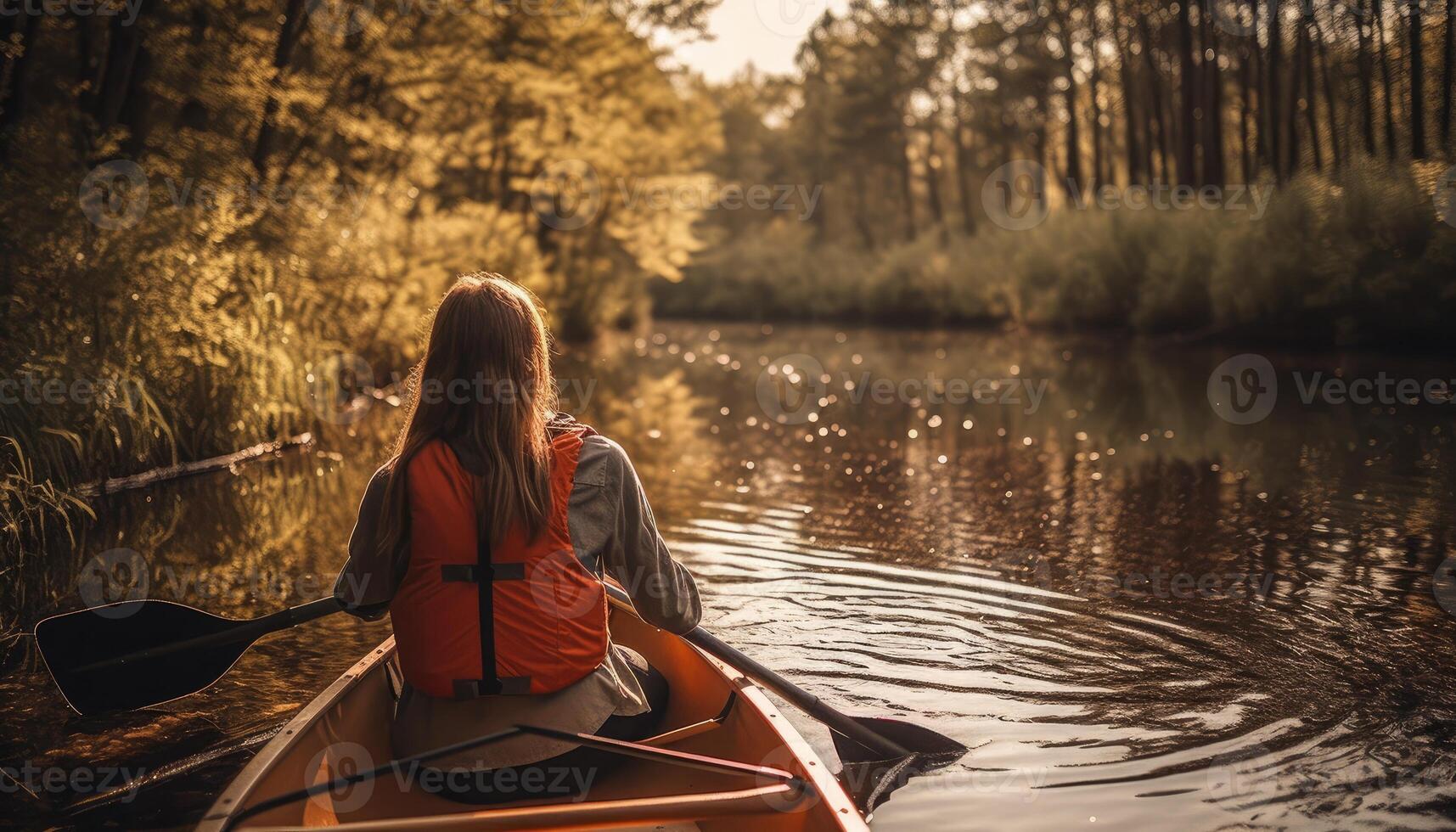 ein Person genießen ein umweltfreundlich Aktivität, eine solche wie Kajak fahren oder wandern, mit ein Fokus auf das Bedeutung von konservieren natürlich Lebensräume. generativ ai foto