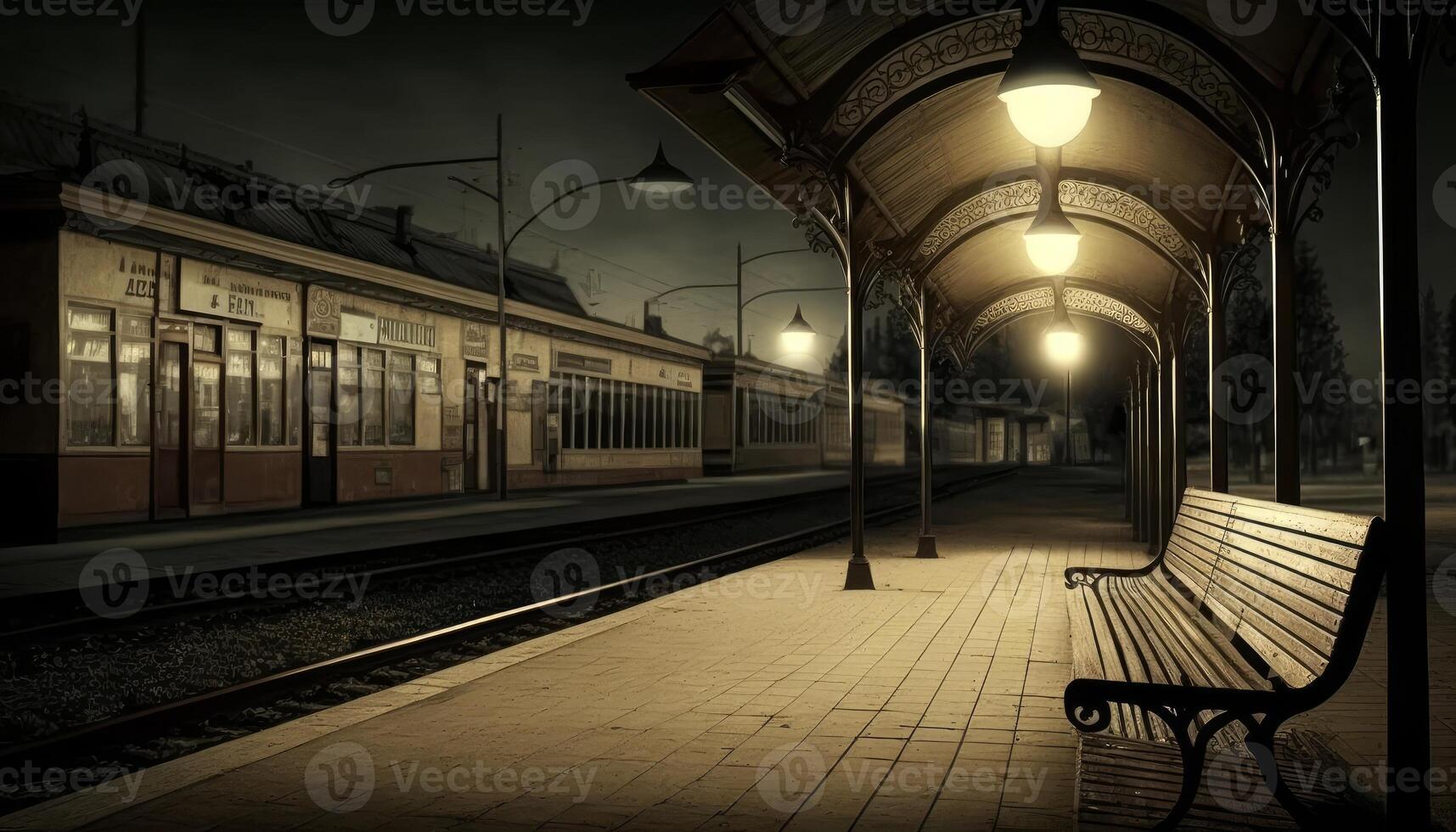 alt und leeren Eisenbahn Bahnhof im das Stadt generativ ai foto