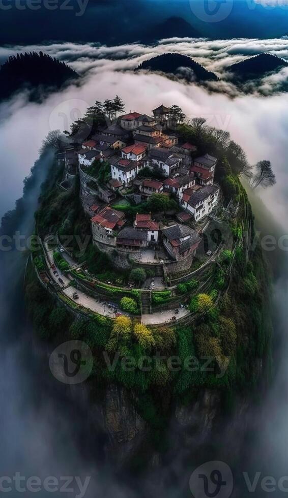 im Frühling Jiangnan Cliff Dorf umgeben durch Nebel generativ ai foto