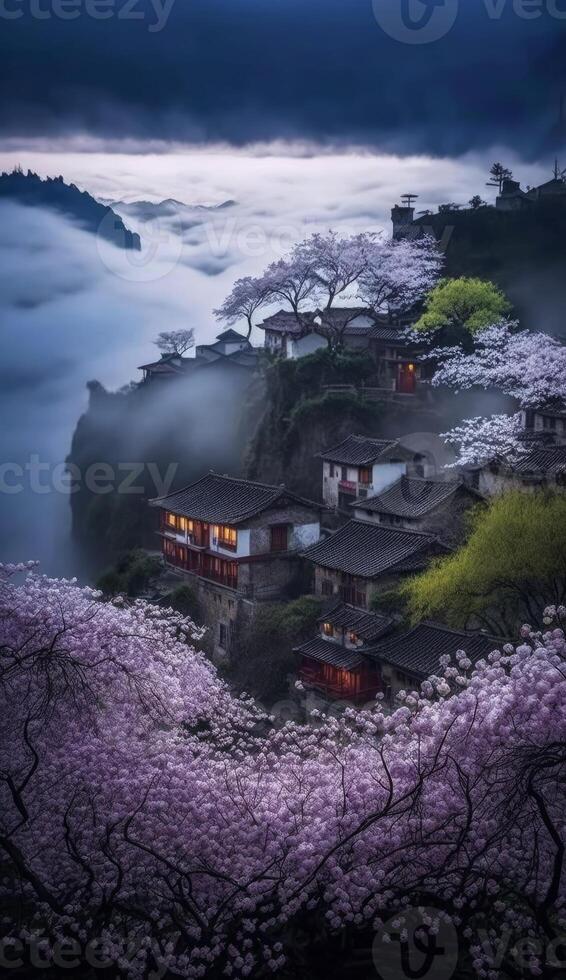 im Frühling Jiangnan Cliff Dorf umgeben durch Bäume generativ ai foto