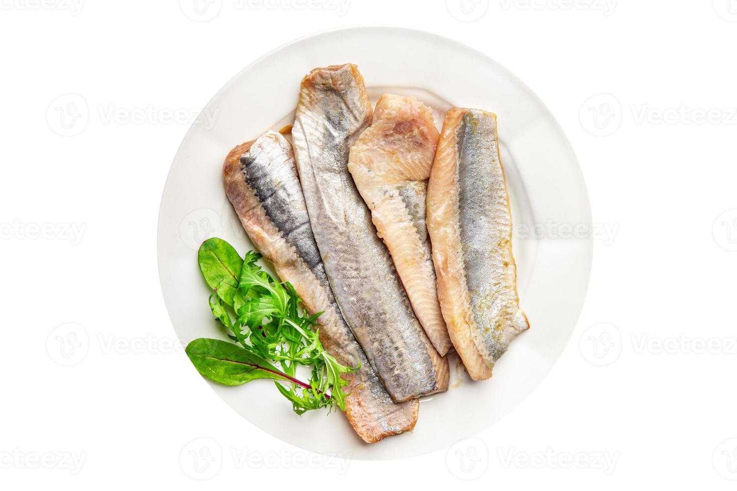Hering Filet Fisch Meeresfrüchte Mahlzeit Essen Snack auf das Tabelle Kopieren Raum Essen Hintergrund rustikal oben Aussicht foto