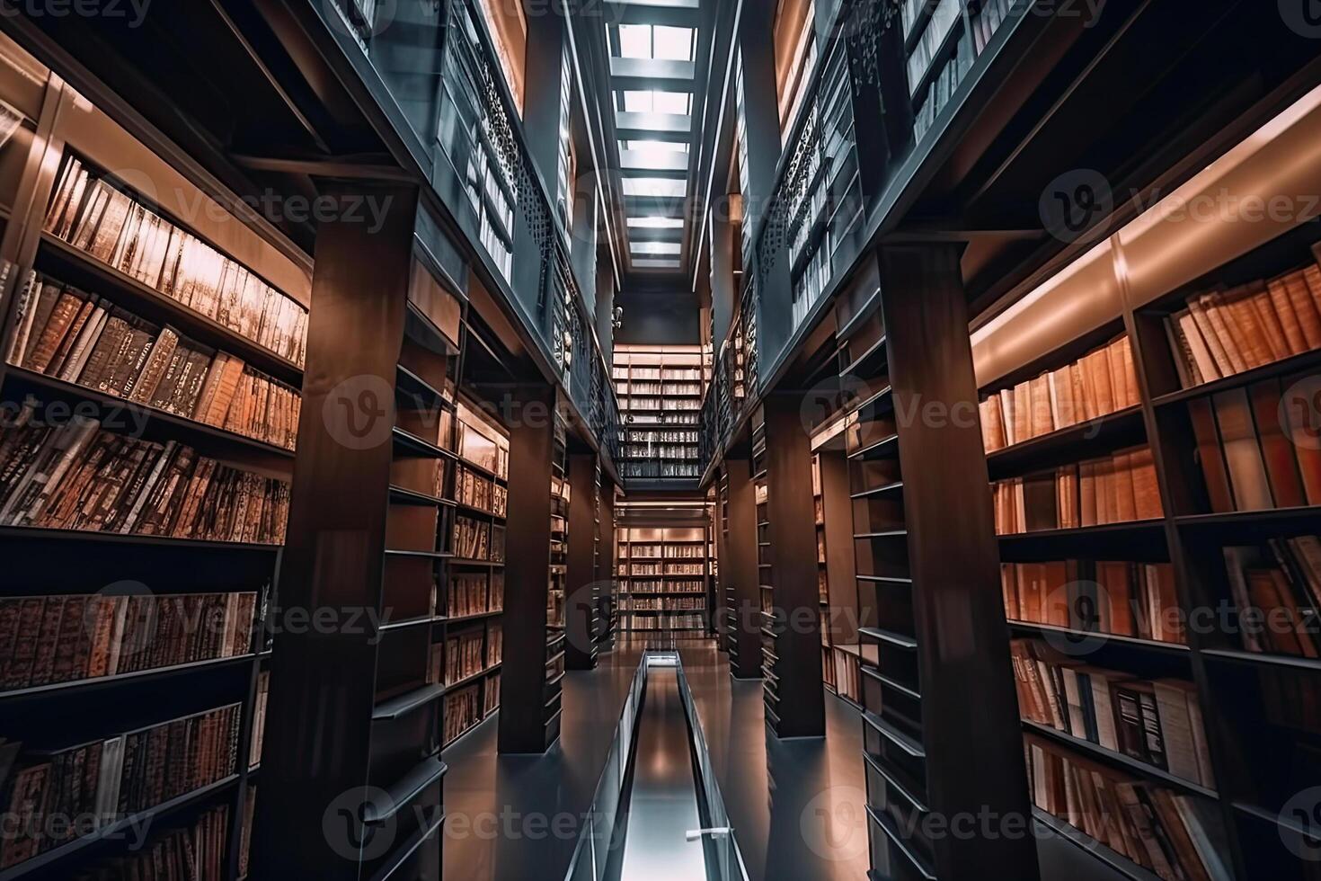 Innere von Bibliothek mit viele Bücherregale. Reihen von Schränke mit alt Bücher im Bibliothek. generativ ai foto