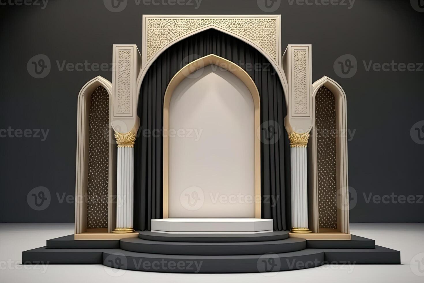 Luxus islamisch Ramadan Podium Bühne Produkt Anzeige Gold und Weiß ai generiert foto