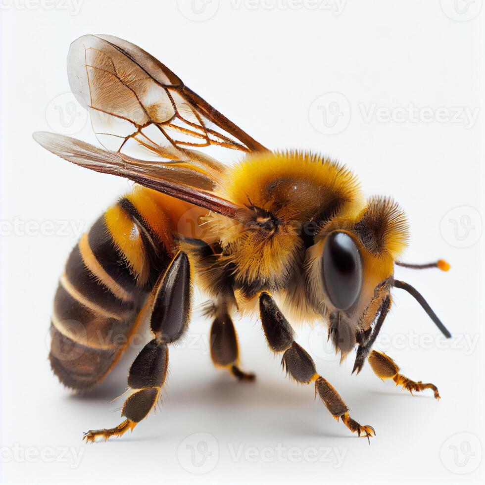 Honig Biene isoliert auf Weiß Hintergrund, Seite Aussicht - - ai generiert Bild foto