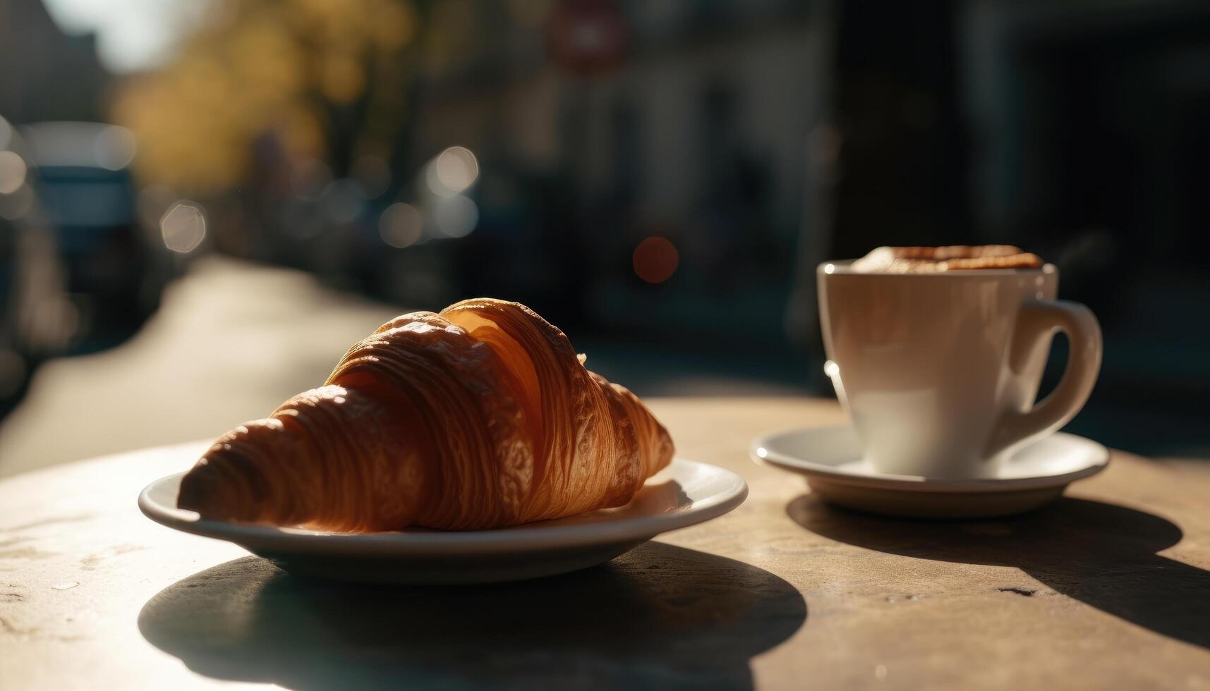 Croissant und Kaffee auf das Tisch. sonnig Morgen, Straße Aussicht im das Hintergrund. generativ ai foto