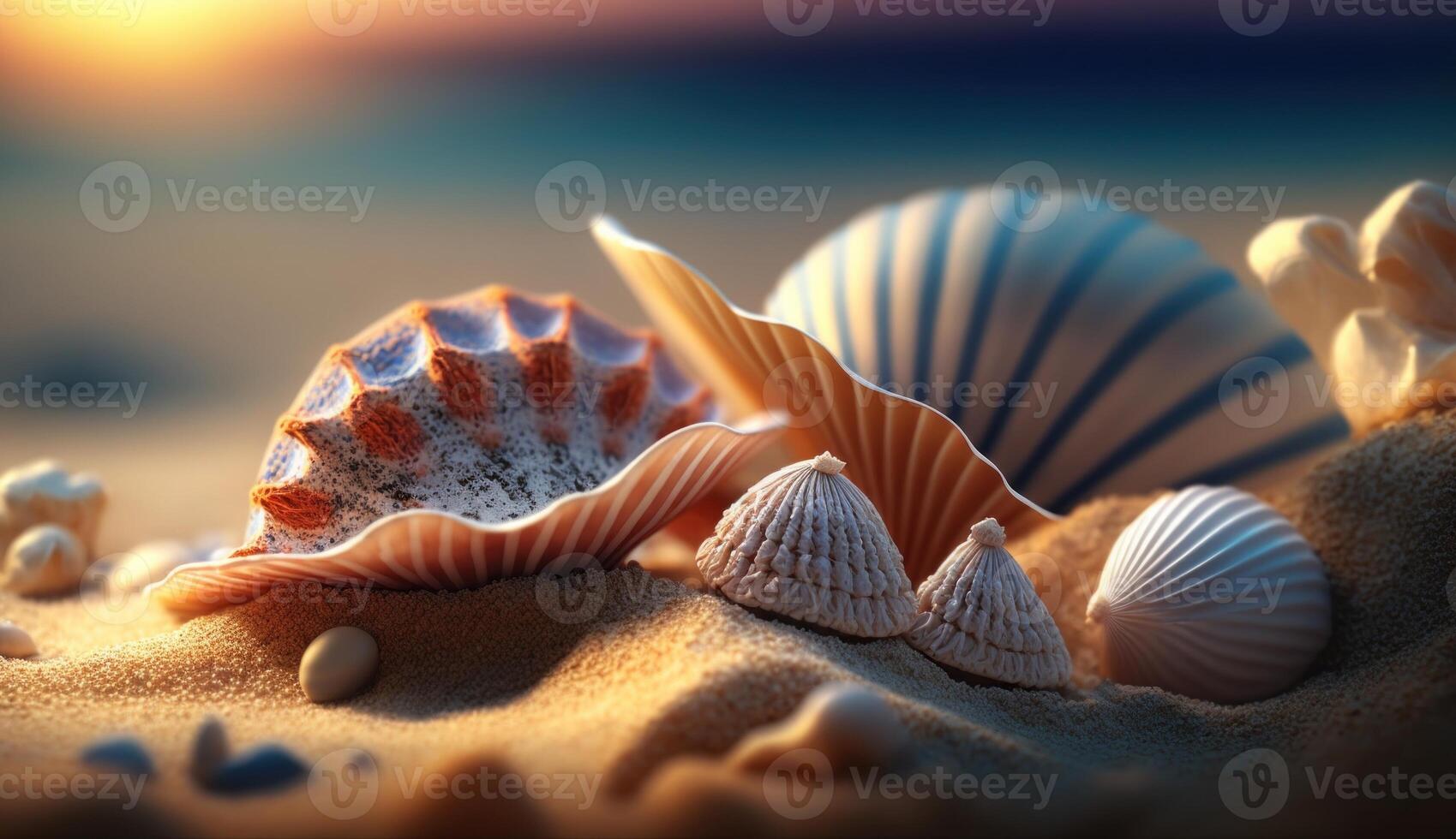 Muscheln auf sandig Strand. generativ ai foto