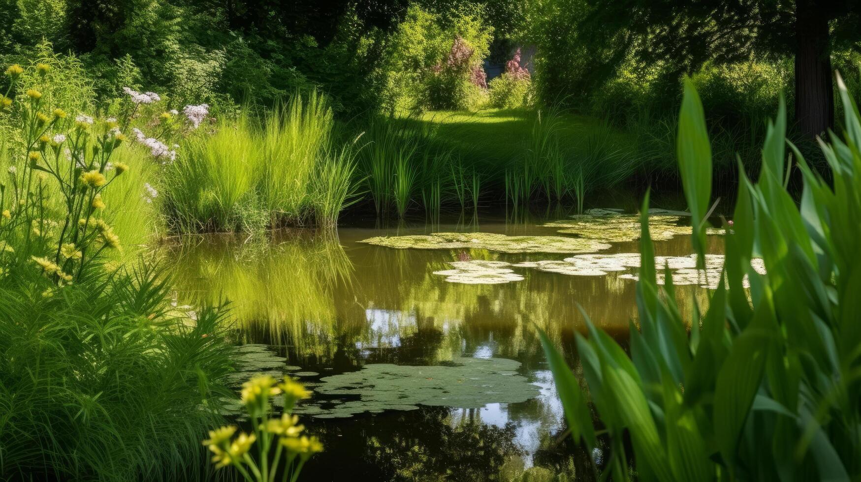 Teich im das Sommer- Garten. Illustration ai generativ foto