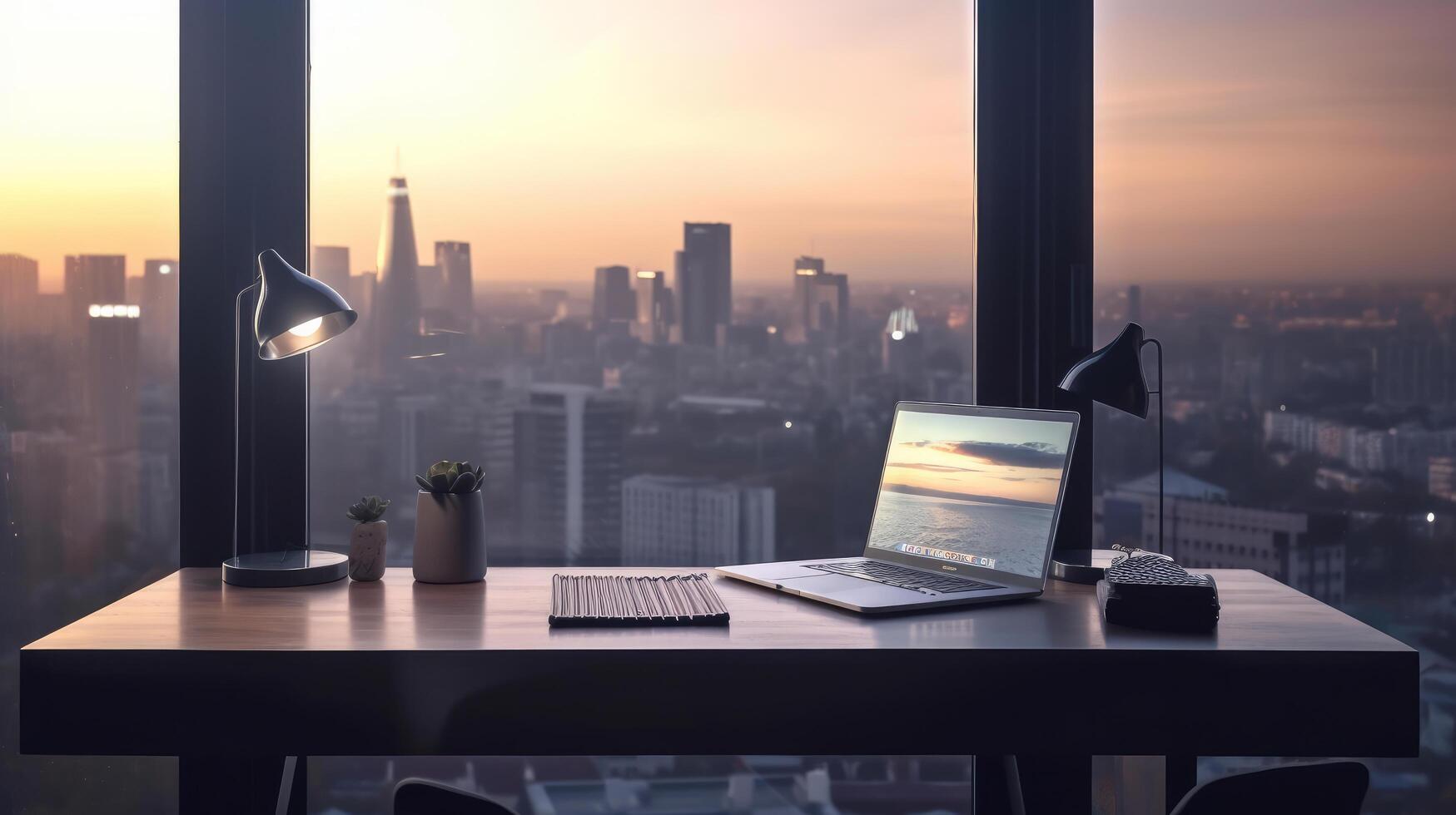 modern Arbeiten Schreibtisch gegen groß Fenster im groß Stadt. Illustration ai generativ foto