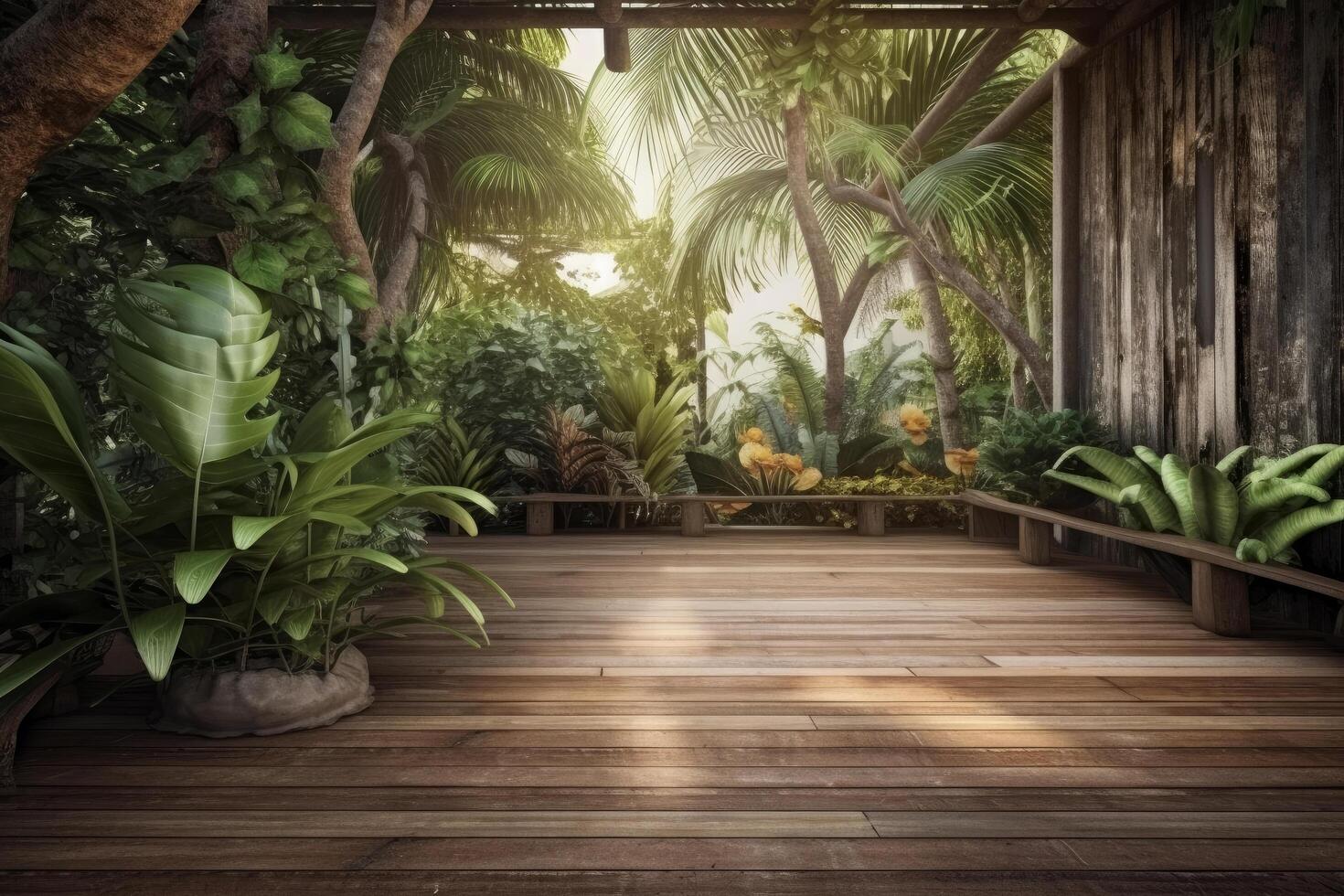 hölzern Fußboden mit tropisch Hintergrund. Illustration ai generativ foto