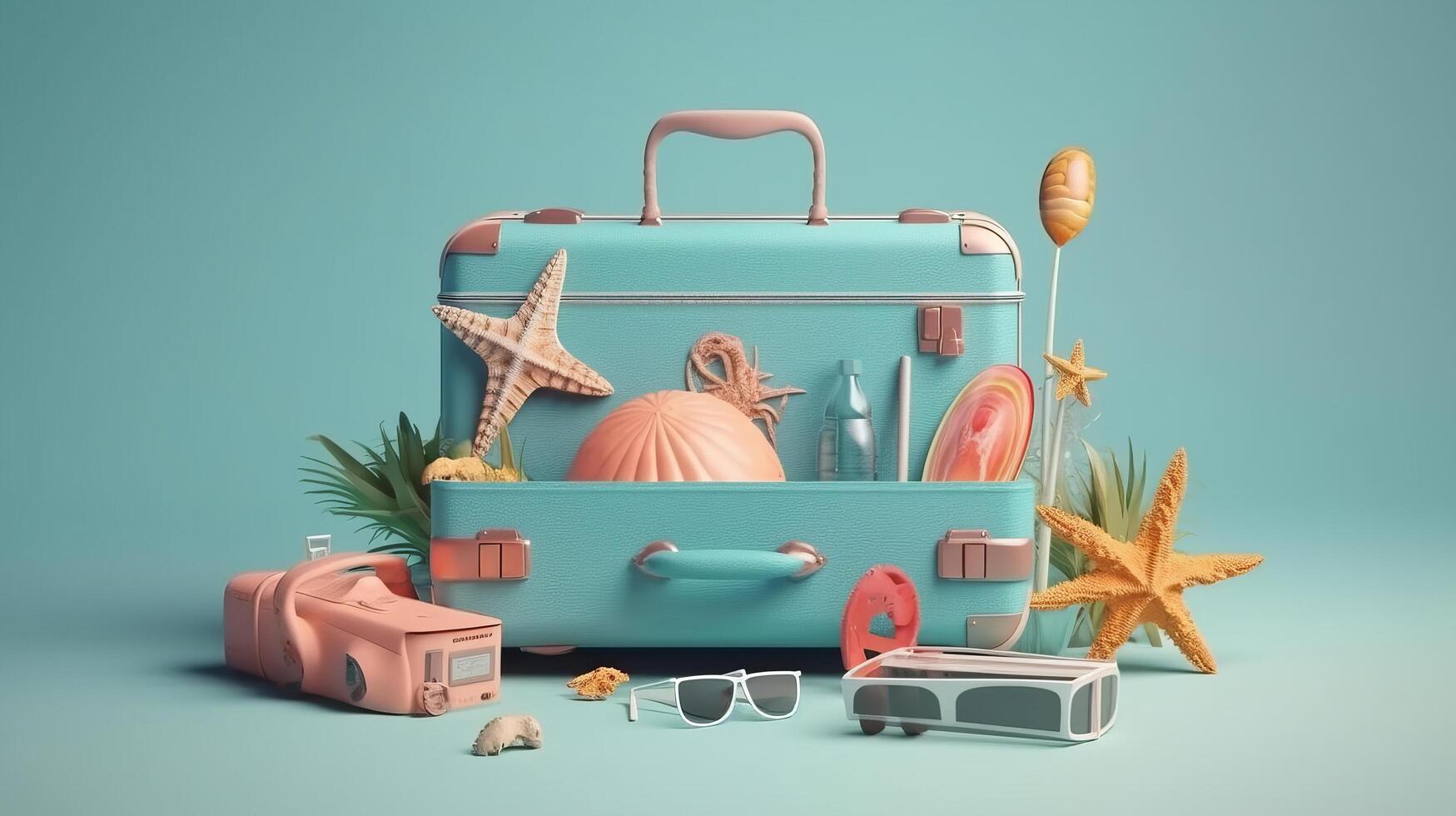 Blau Sommer- Urlaub Hintergrund mit Koffer. Illustration ai generativ foto