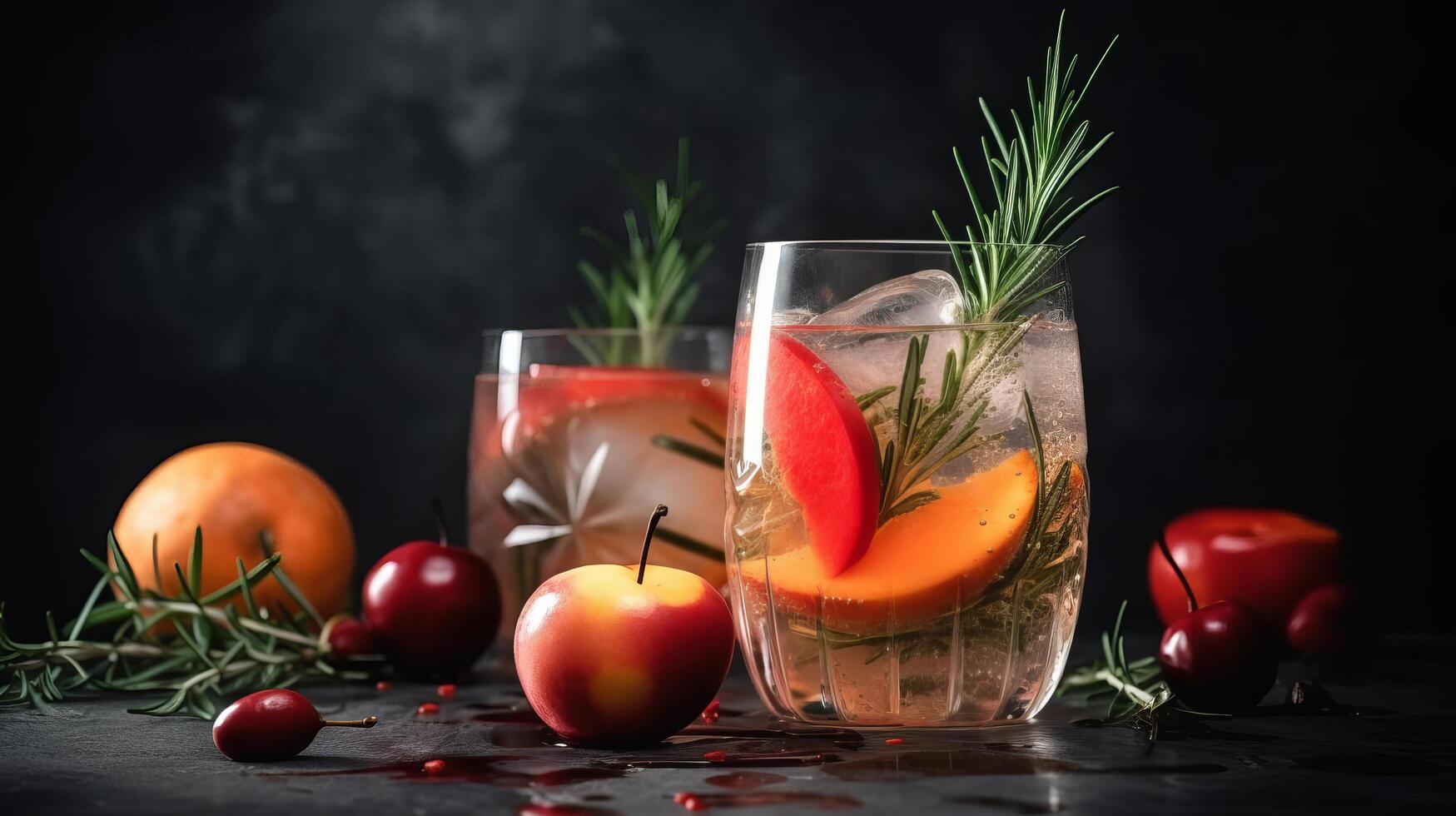 Cocktail von Wodka und Sprite mit reif Früchte und Rosmarin Illustration ai generativ foto