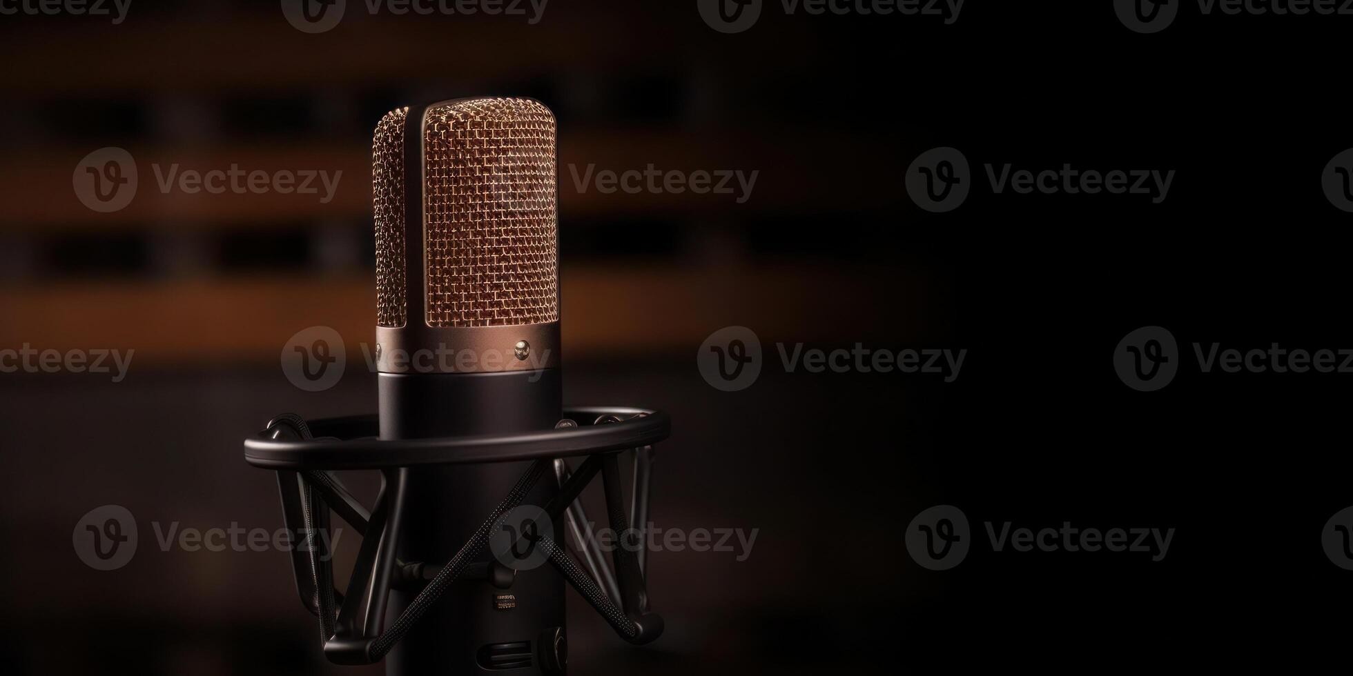 Studio Podcast Mikrofon auf dunkel braun Hintergrund foto