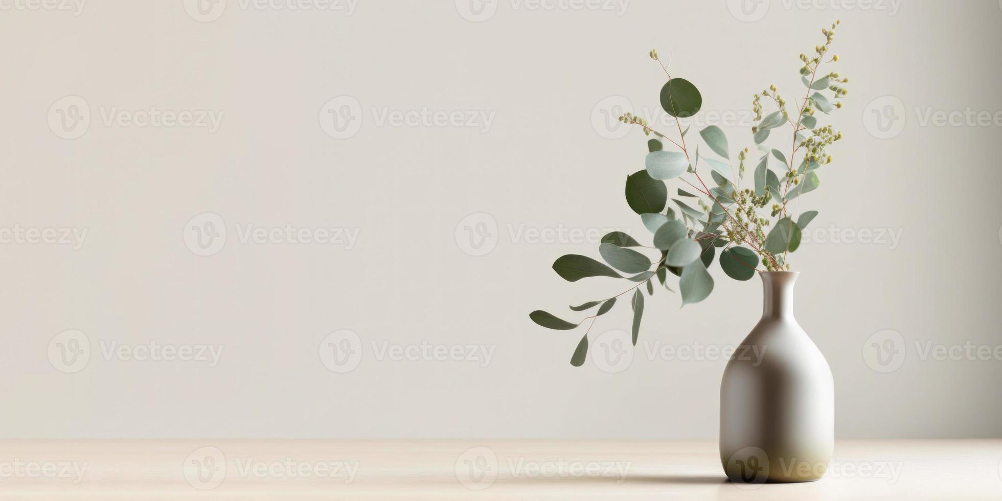 schön Eukalyptus Blume im Keramik Vase auf Tabelle mit Weiß Hintergrund. Kopieren Raum. foto