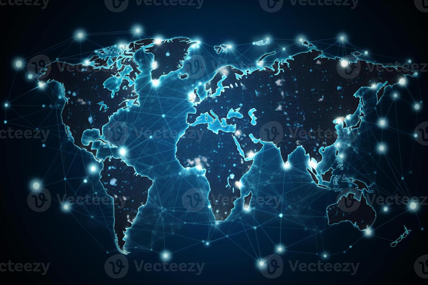Welt Karte mit global Technologie Sozial Verbindung Netzwerk mit Beleuchtung und Punkte, generativ ai foto