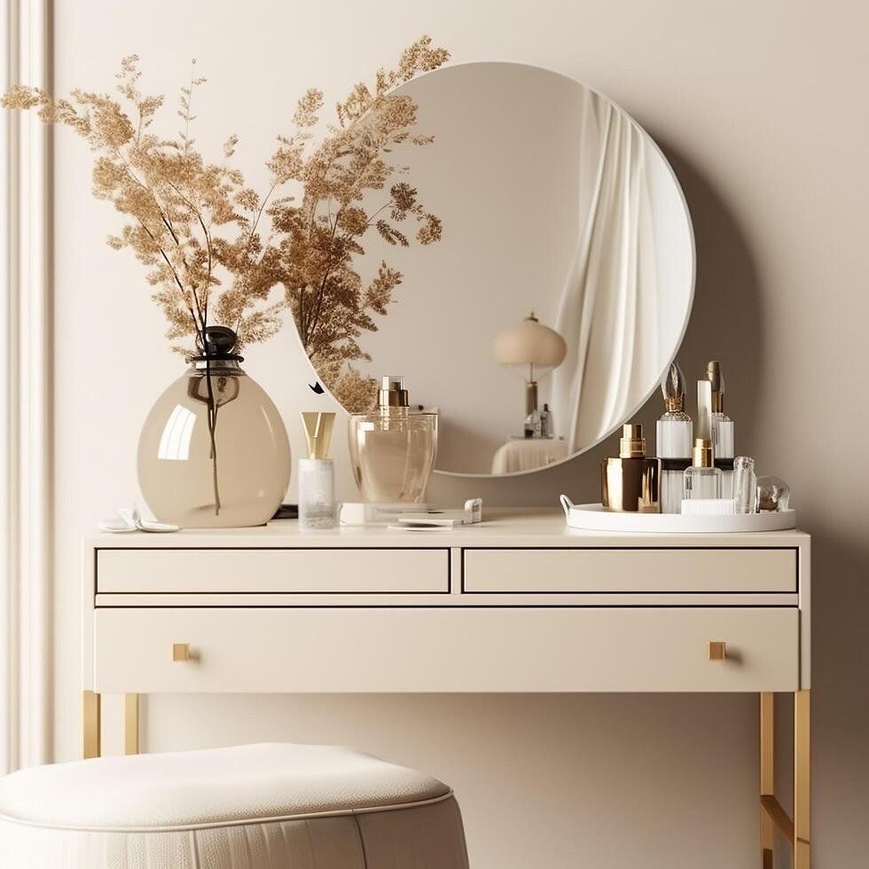 modern, minimal Beige Dressing Tisch, Gold Griff Schublade Lagerung, Zweig im Glas Vase, runden Nichtigkeit Spiegel im Beige Mauer Schlafzimmer zum Luxus Schönheit, Kosmetik, bilden Produkt Hintergrund generativ ai, ai foto