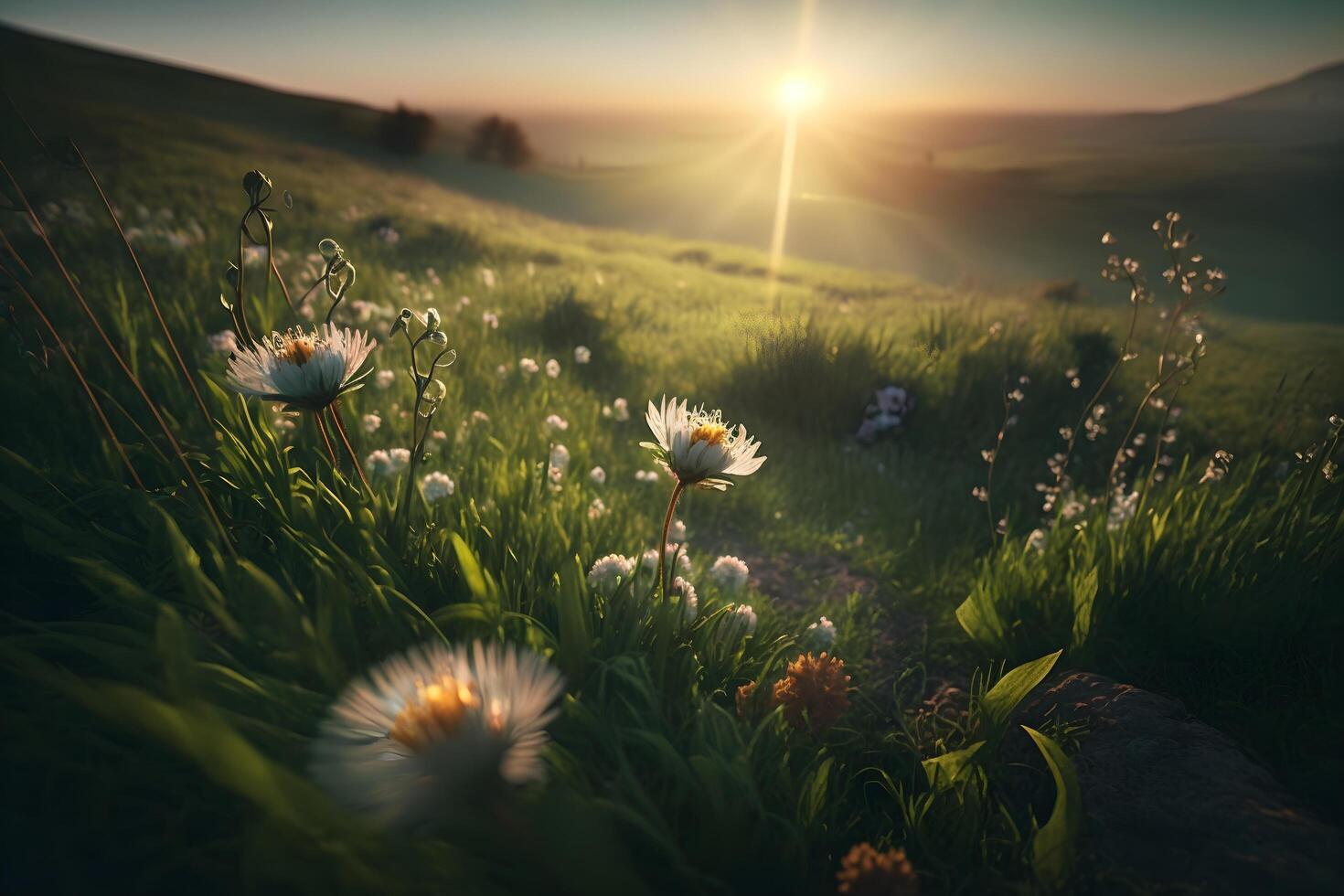 Abend Blumen und Grün Gras erstellt durch generativ ai Technologie foto