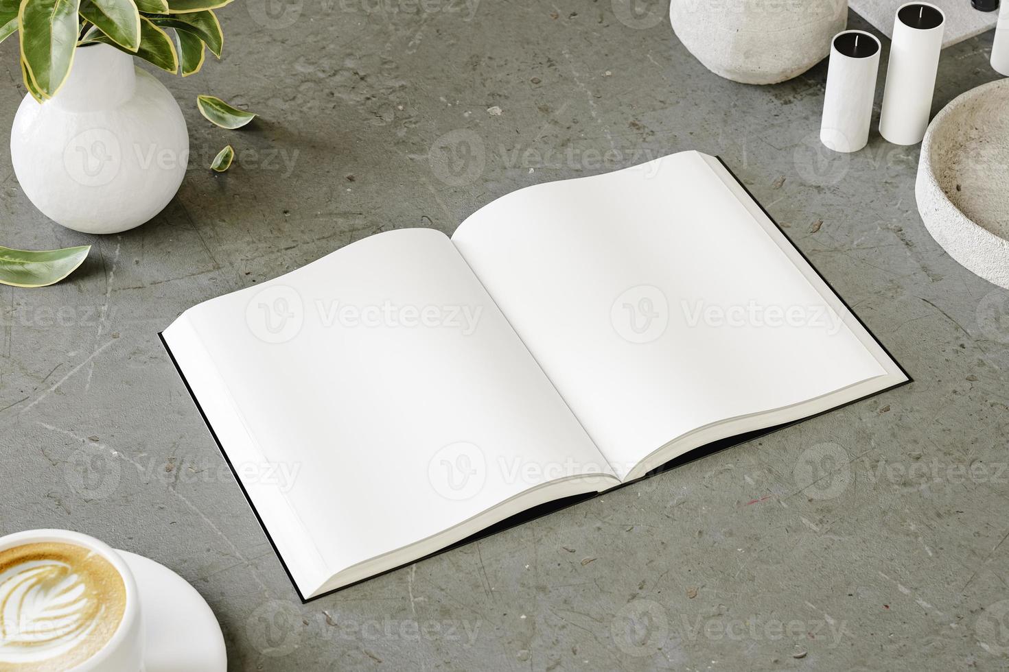 spotten oben von ein öffnen Buch auf ein modern minimalistisch Tisch. 3d machen foto