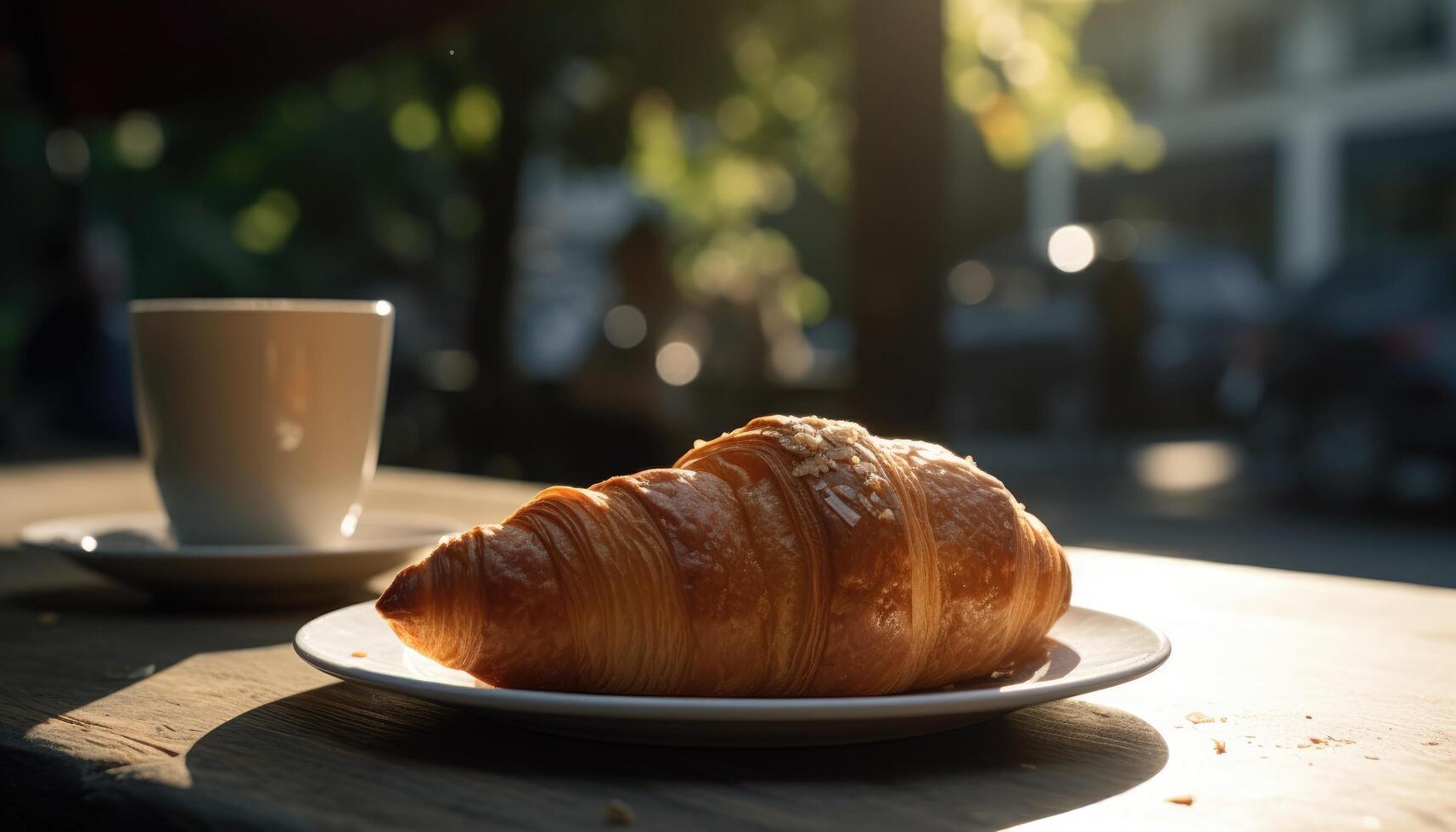 Croissant und Kaffee auf das Tisch. sonnig Morgen, Straße Aussicht im das Hintergrund. generativ ai foto