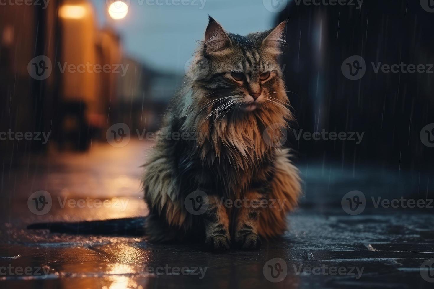 Katze im Abend Regen Straße. generieren ai foto